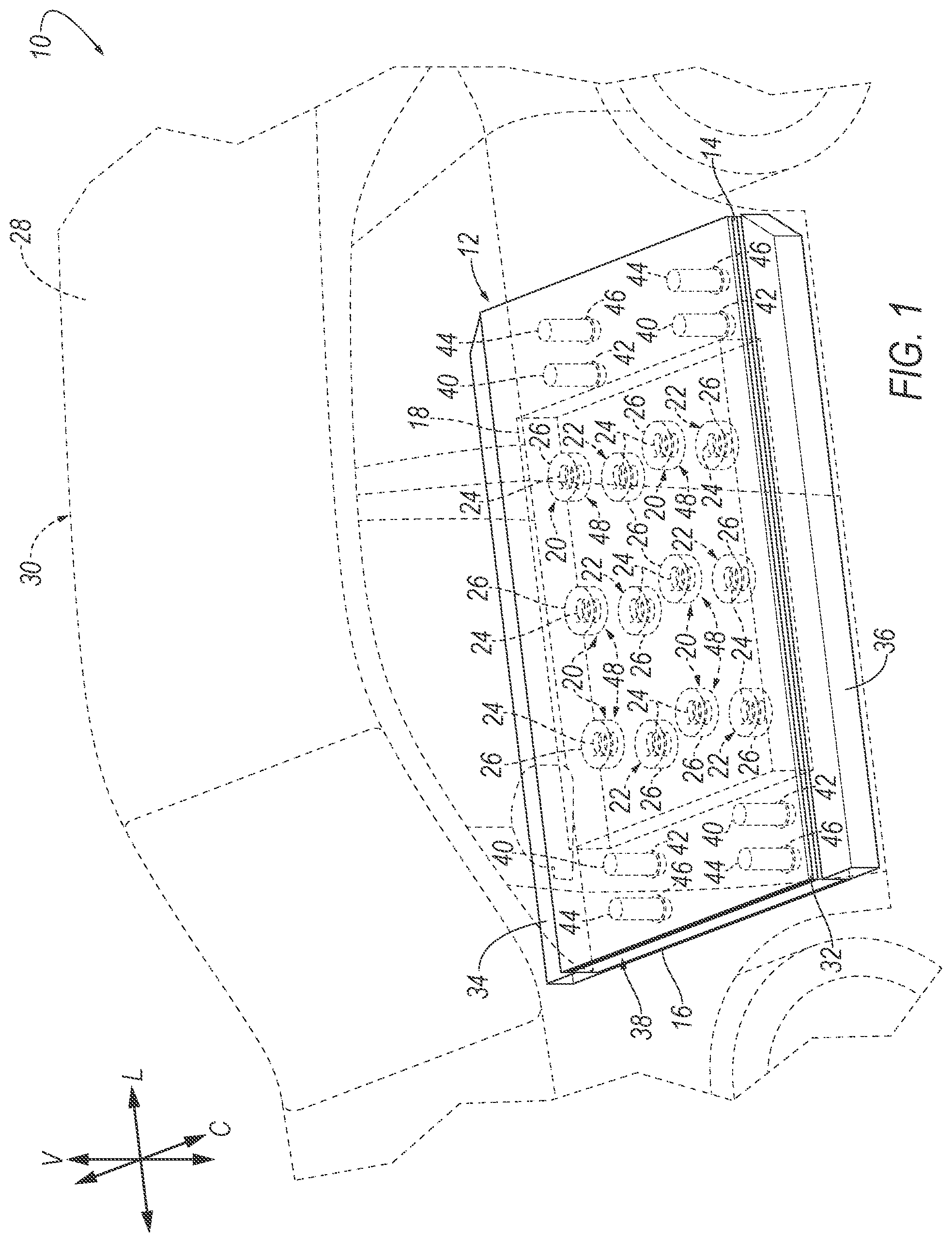 Patent US12592441 Figure 1 – Vibration isolators for electric vehicle-battery enclosure