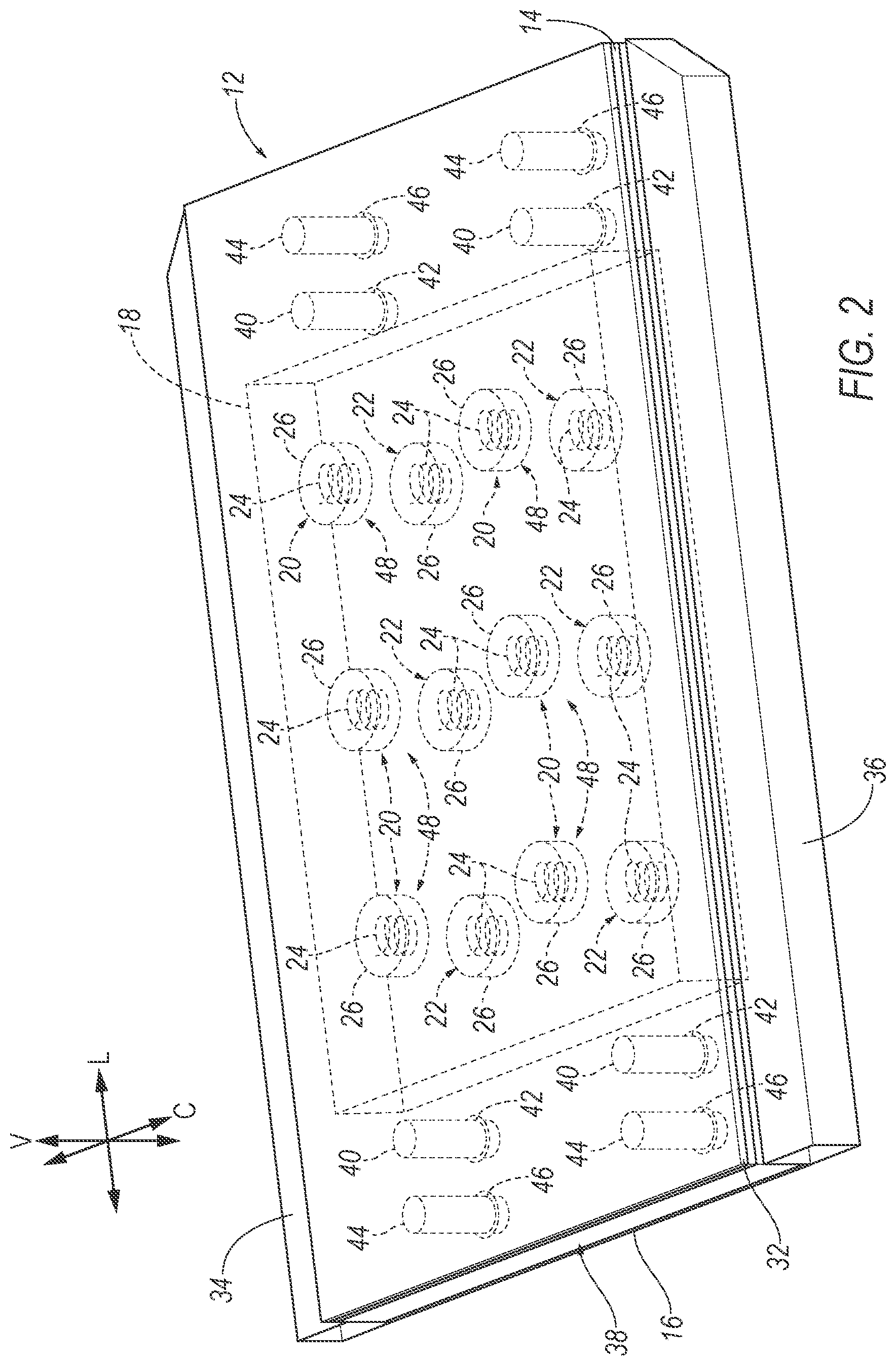 Patent US12592441 Figure 2 – Vibration isolators for electric vehicle-battery enclosure