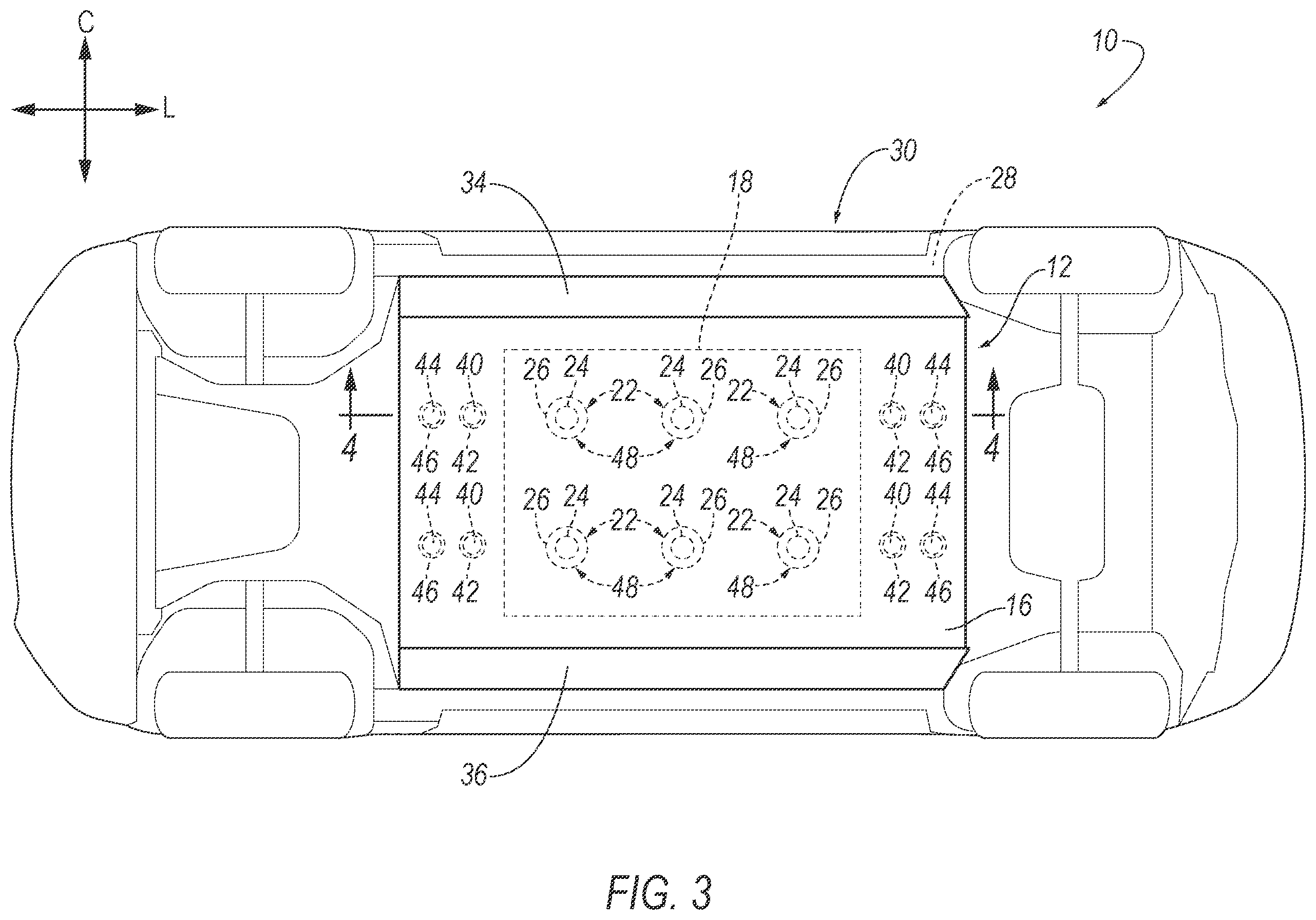 Patent US12592441 Figure 3 – Vibration isolators for electric vehicle-battery enclosure