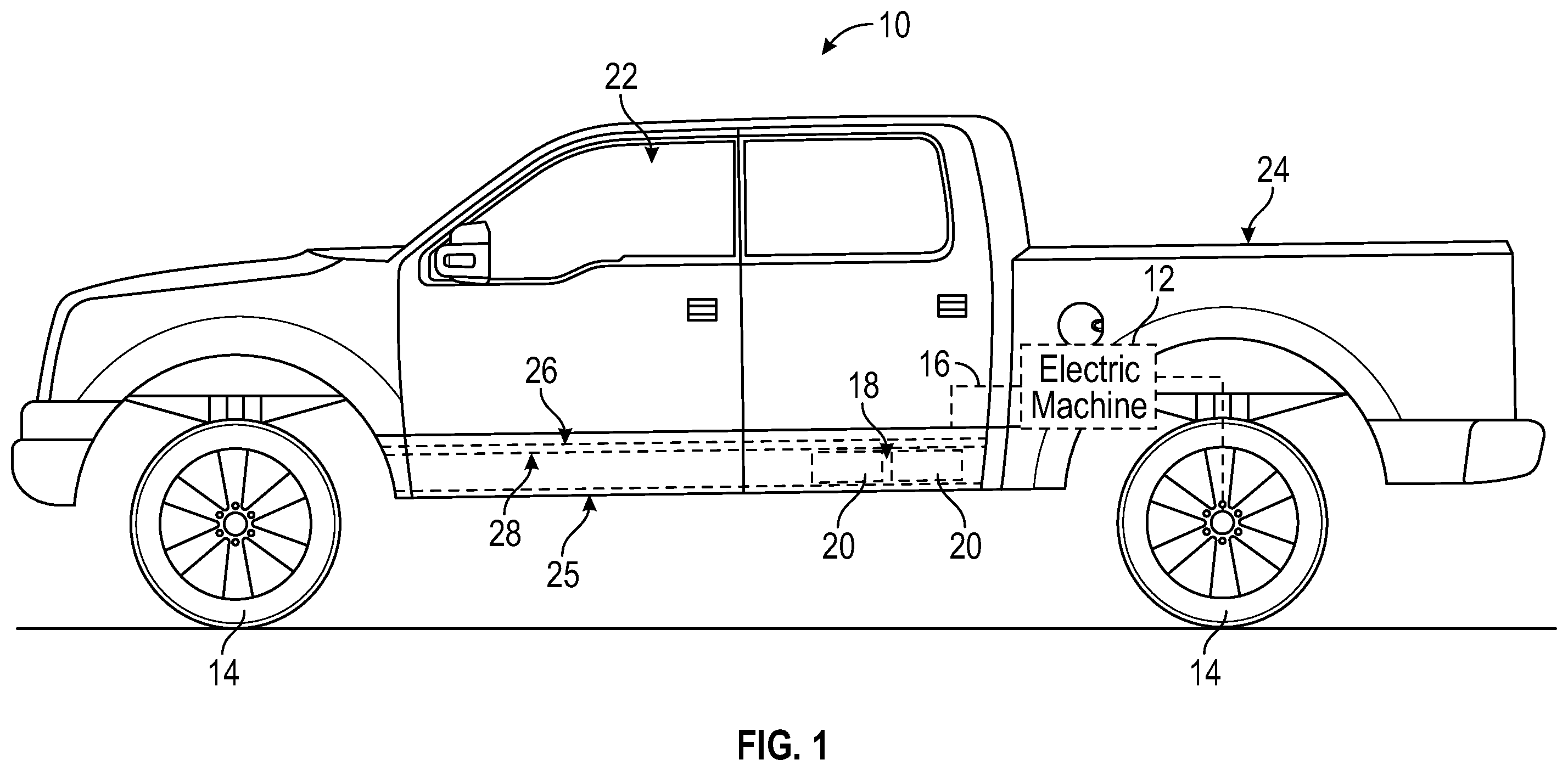 Patent US12592451 Figure 1 – Vent feature protection brackets for electrified vehicle traction battery packs