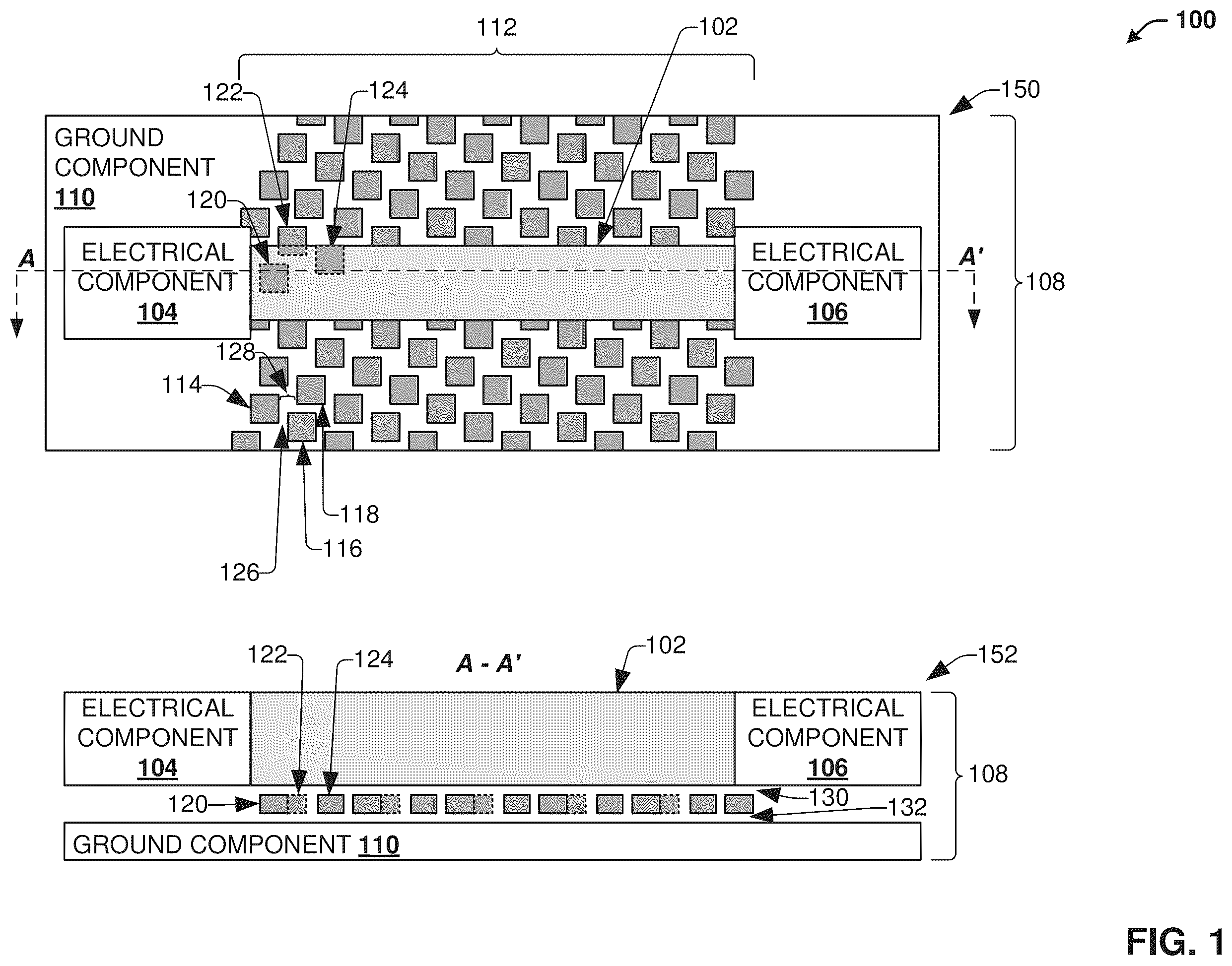 Patent US12592467 Figure 1 – Resistive stabilization of a transmission line using a group of conductive fill components which are adjacent to and separated from the transmission line