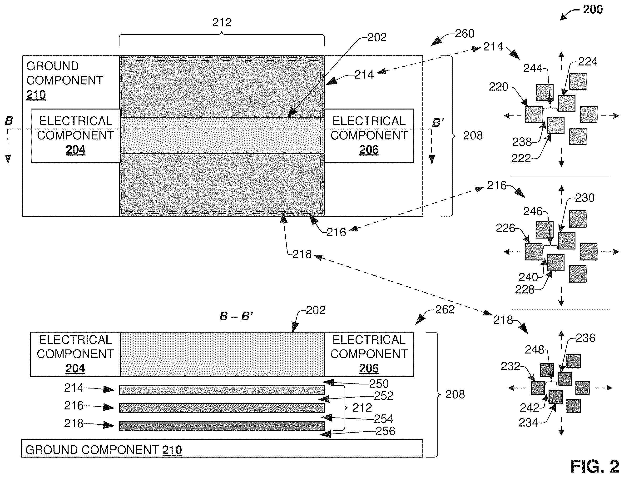 Patent US12592467 Figure 2 – Resistive stabilization of a transmission line using a group of conductive fill components which are adjacent to and separated from the transmission line