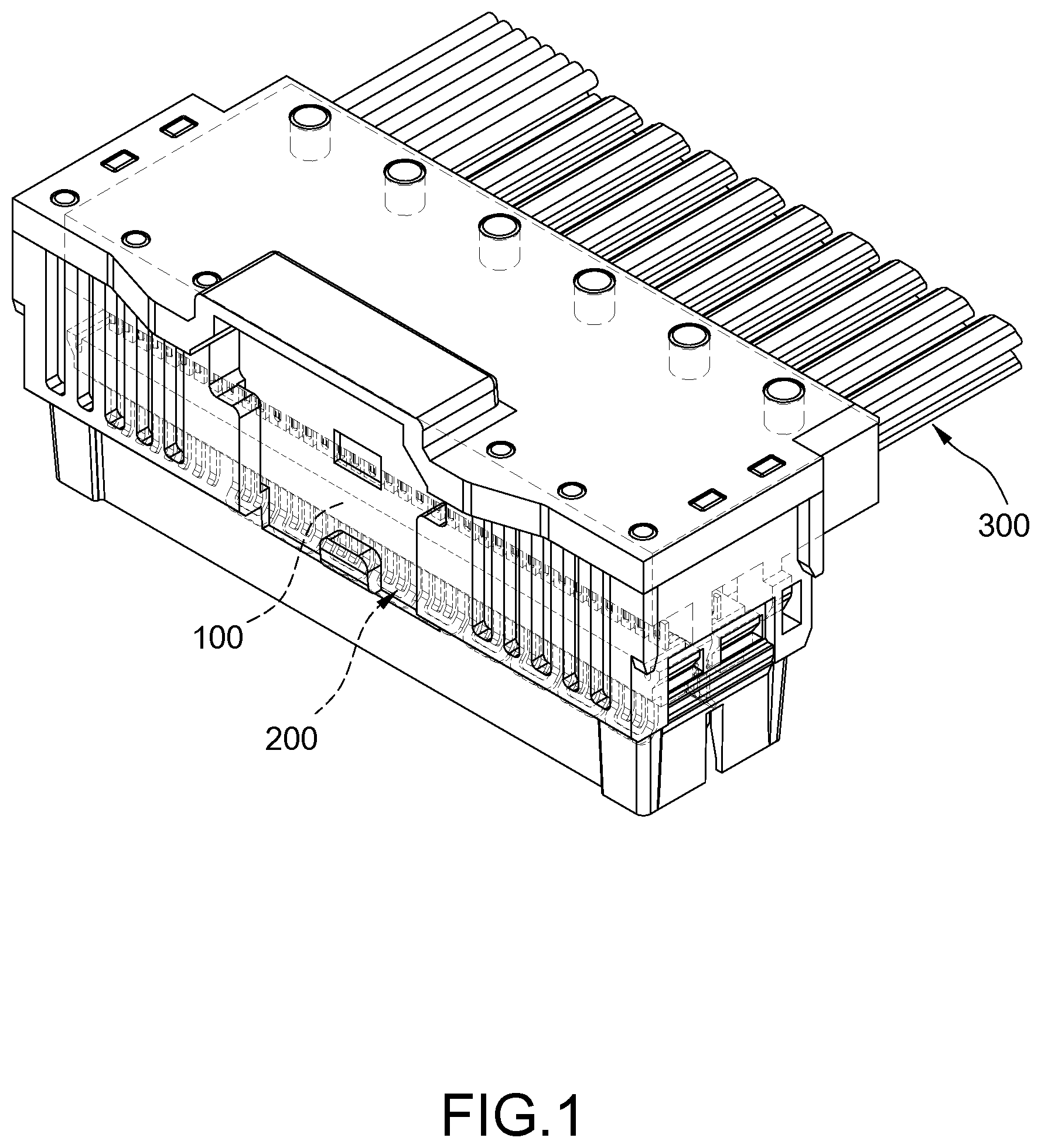 Patent US12592500 Figure 1 – Electrical connector with cable wires soldered to soldering grooves of terminals