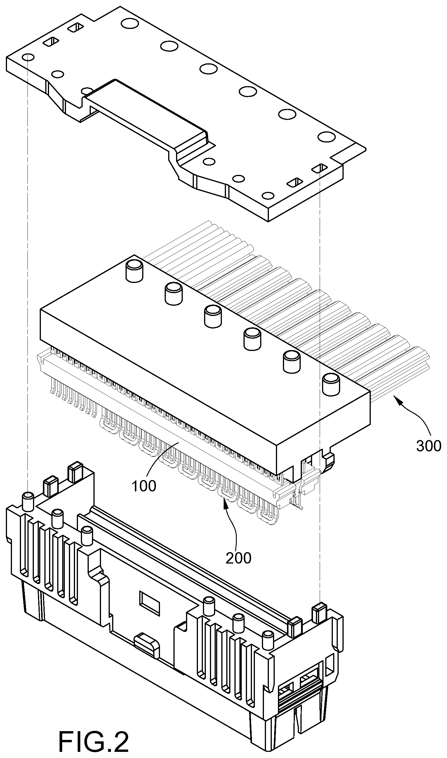 Patent US12592500 Figure 2 – Electrical connector with cable wires soldered to soldering grooves of terminals