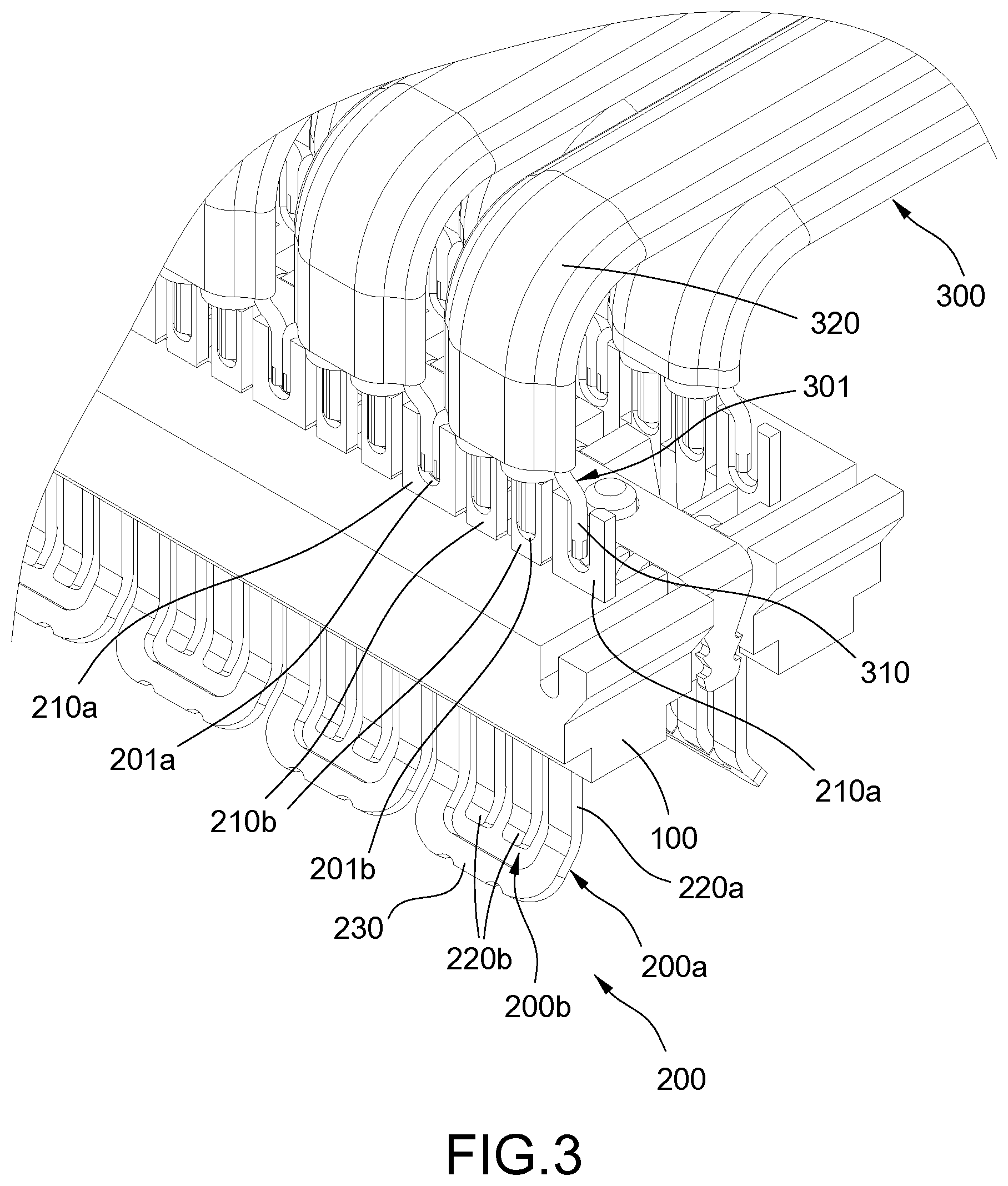 Patent US12592500 Figure 3 – Electrical connector with cable wires soldered to soldering grooves of terminals