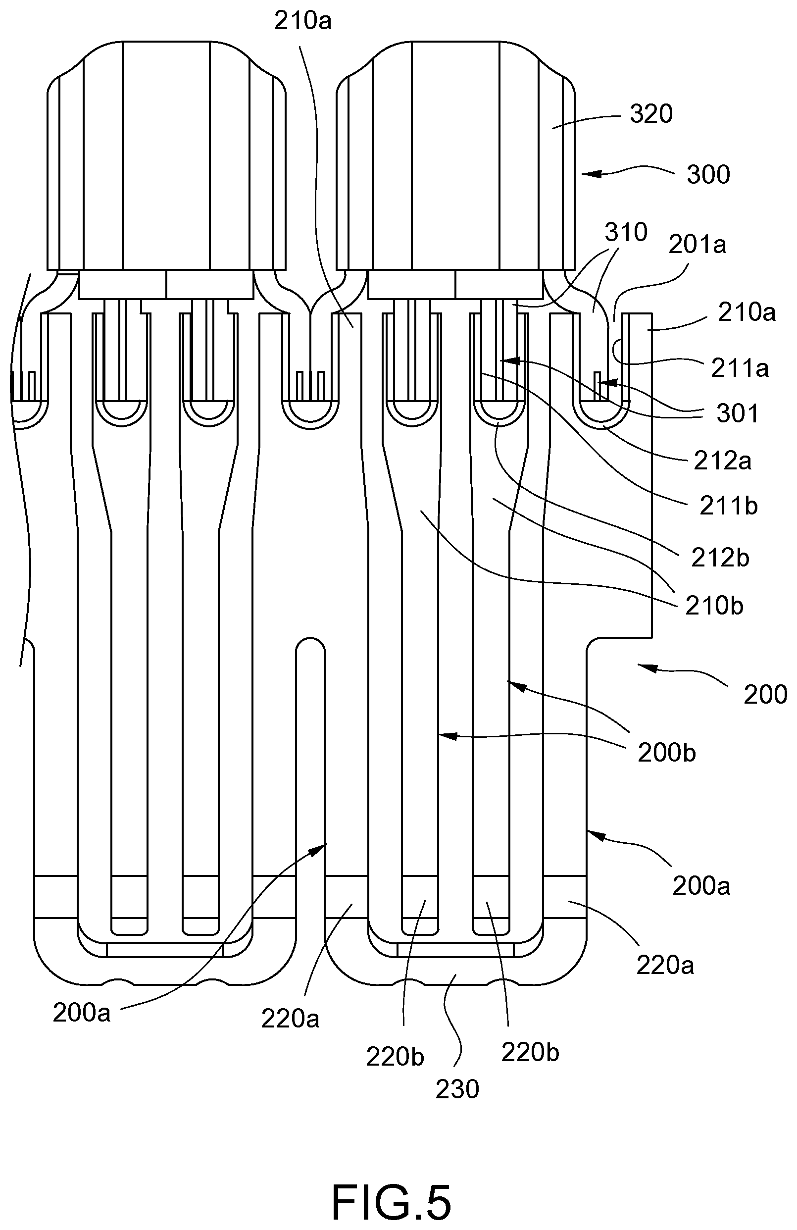 Patent US12592500 Figure 5 – Electrical connector with cable wires soldered to soldering grooves of terminals