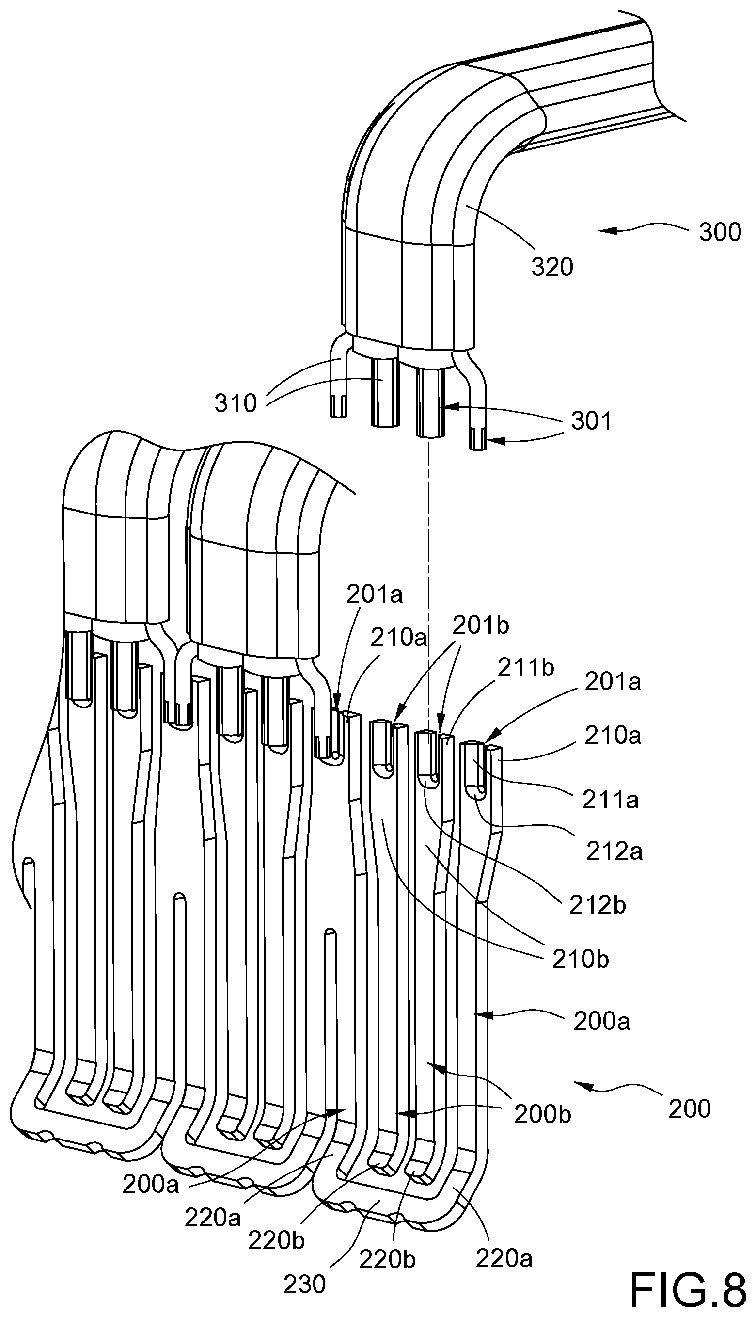 Patent US12592500 Figure 8 – Electrical connector with cable wires soldered to soldering grooves of terminals