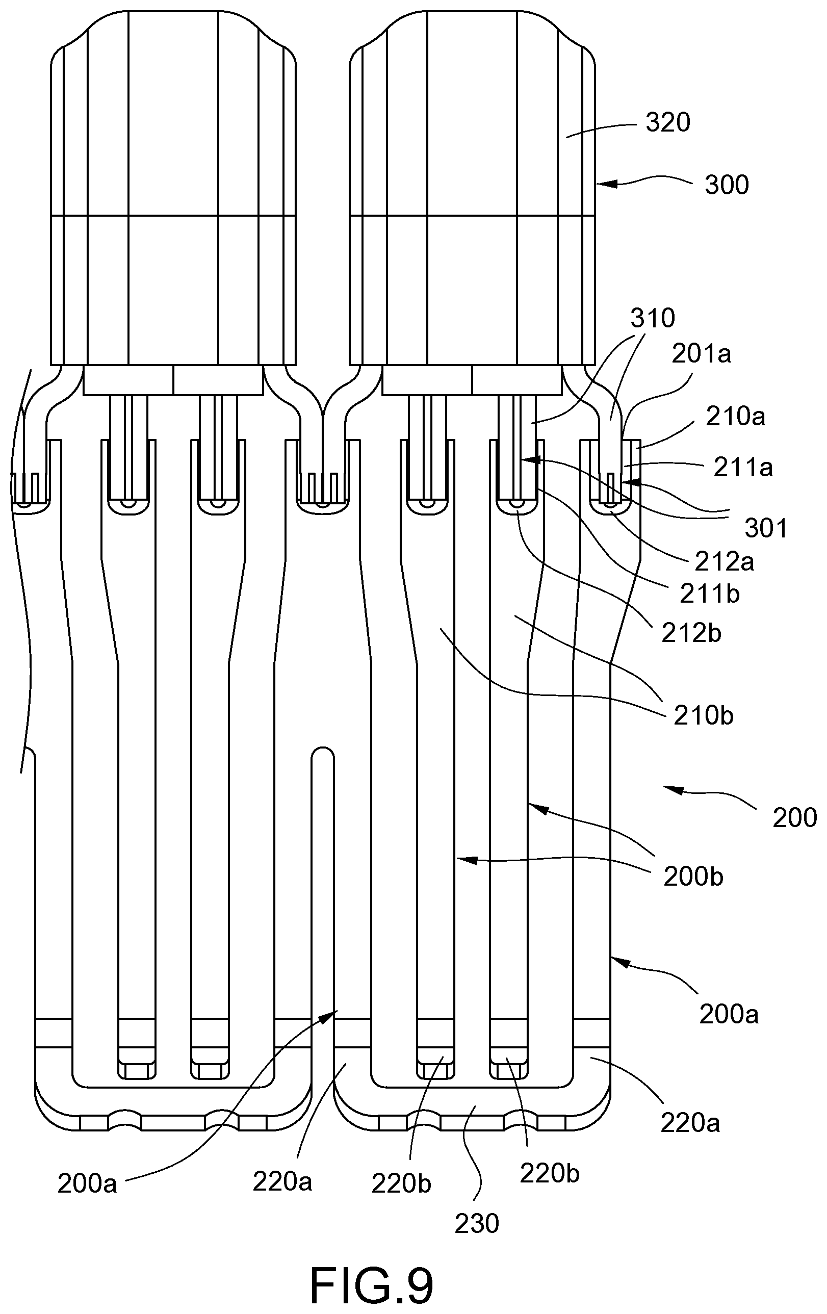 Patent US12592500 Figure 9 – Electrical connector with cable wires soldered to soldering grooves of terminals