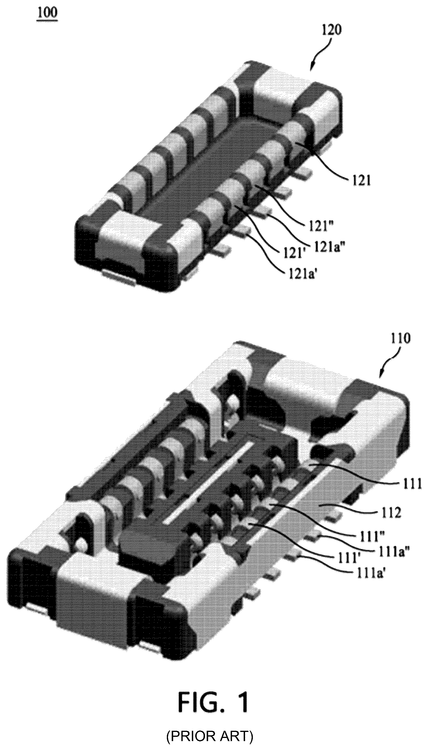 Patent US12592526 Figure 1 – Board connector with shielding between radio frequency terminals and non-radio frequency terminals