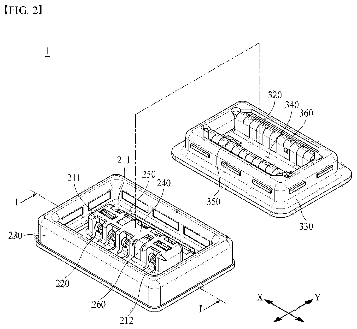 Patent US12592526 Figure 2 – Board connector with shielding between radio frequency terminals and non-radio frequency terminals
