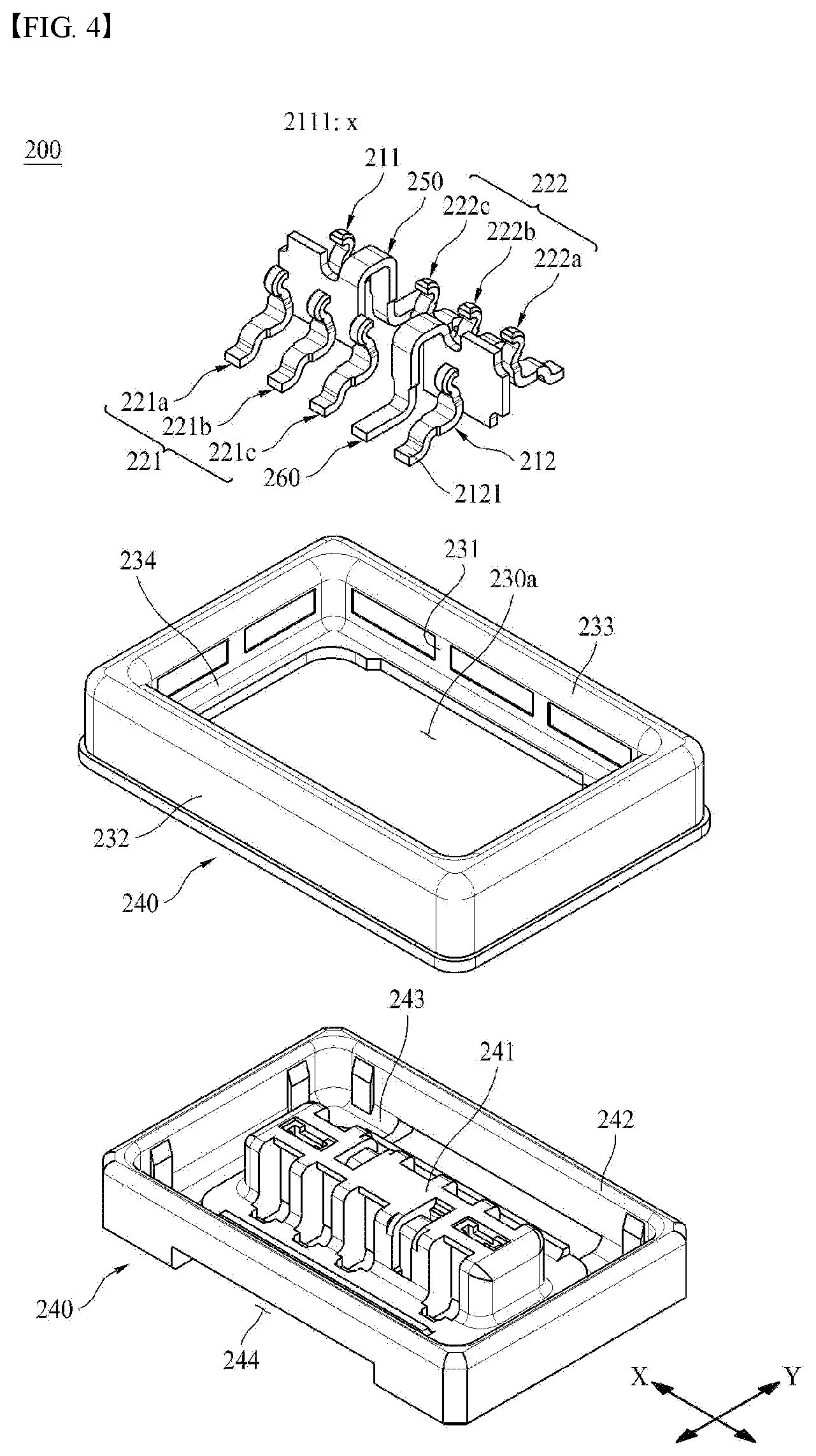 Patent US12592526 Figure 4 – Board connector with shielding between radio frequency terminals and non-radio frequency terminals