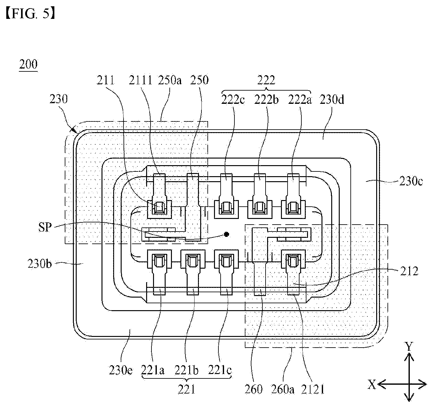 Patent US12592526 Figure 5 – Board connector with shielding between radio frequency terminals and non-radio frequency terminals