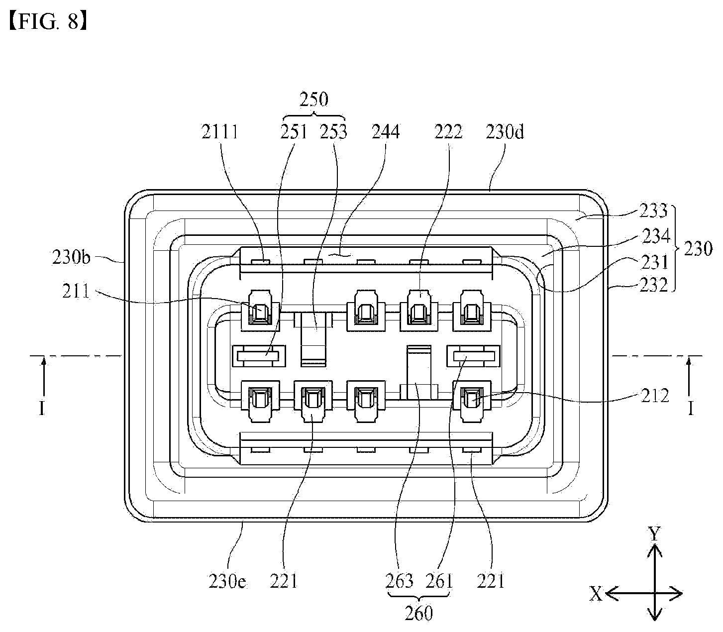 Patent US12592526 Figure 8 – Board connector with shielding between radio frequency terminals and non-radio frequency terminals