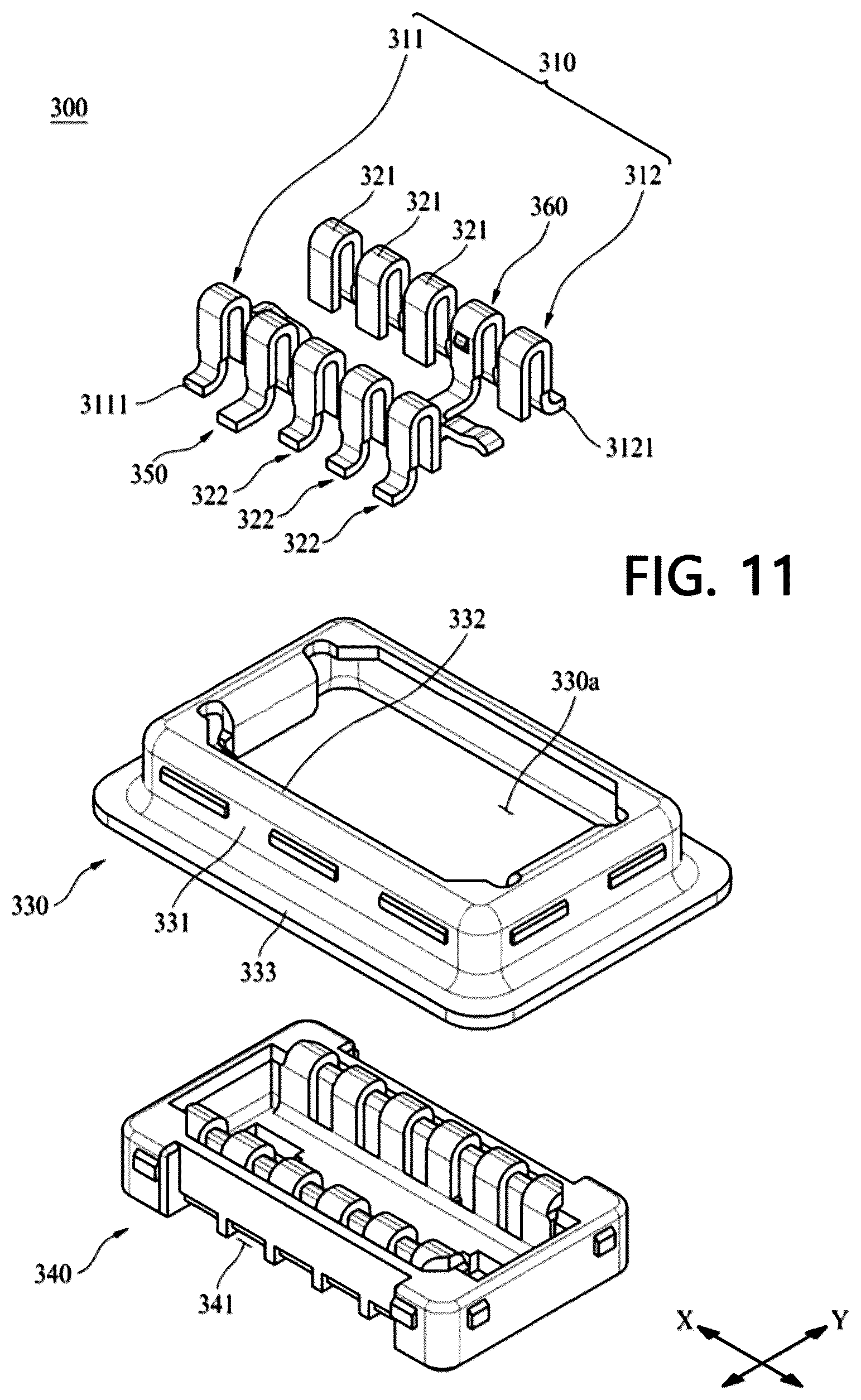 Patent US12592526 Figure 11 – Board connector with shielding between radio frequency terminals and non-radio frequency terminals