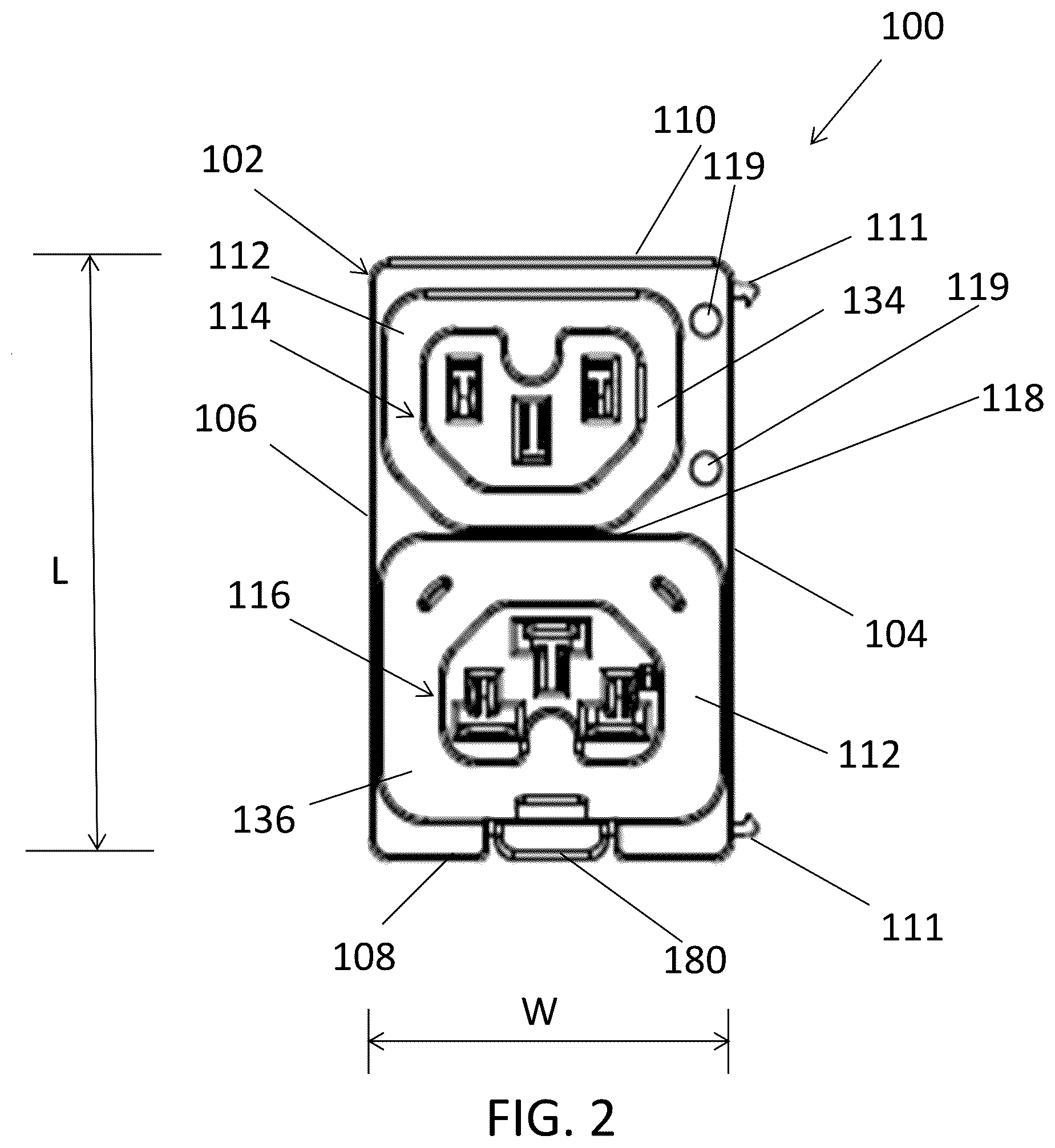 Patent US12592529 Figure 2 – Combination outlet assembly and power distribution unit including the same