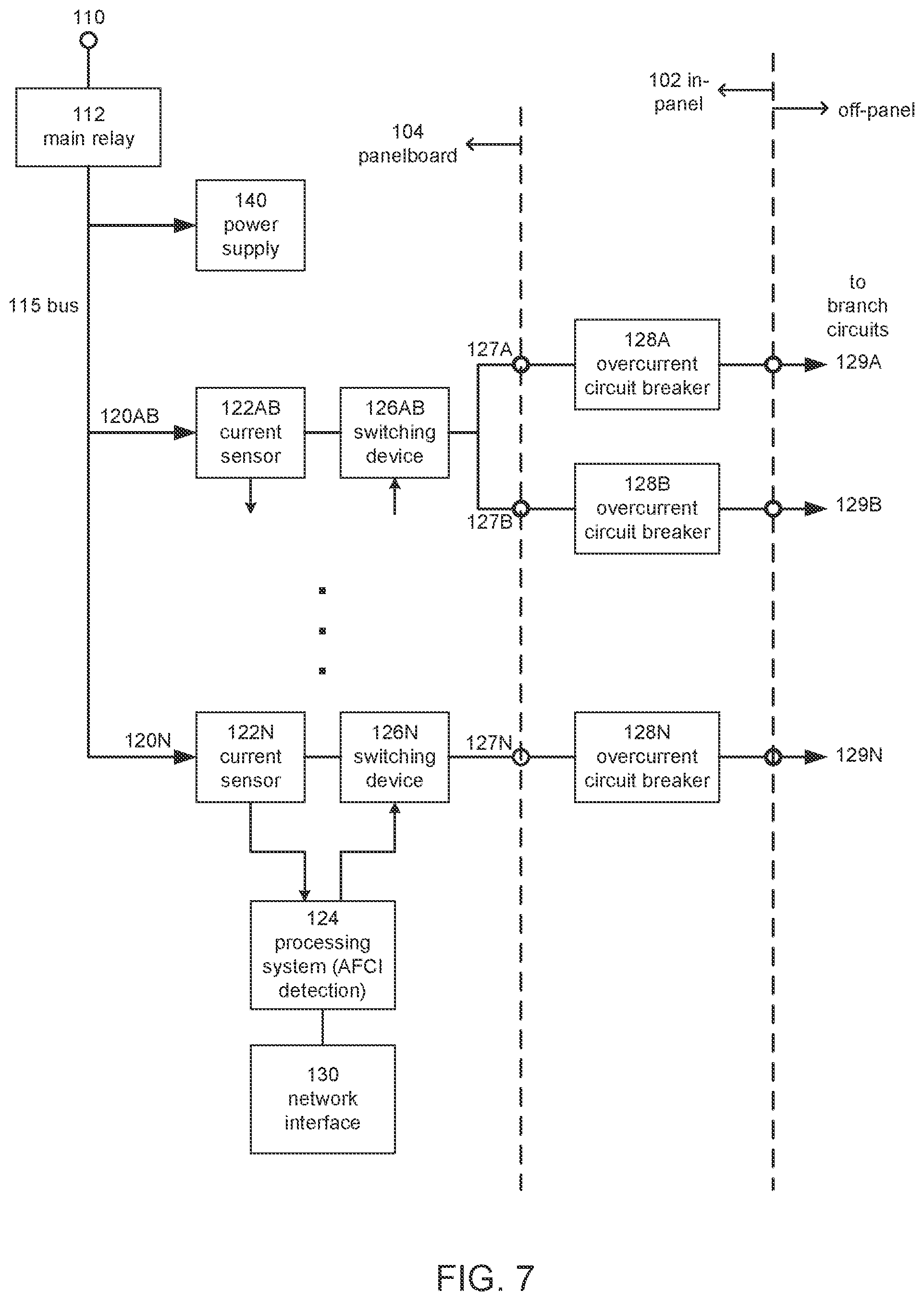 Patent US12592558 Figure 8 – Electrical panelboard with integrated arc fault protection