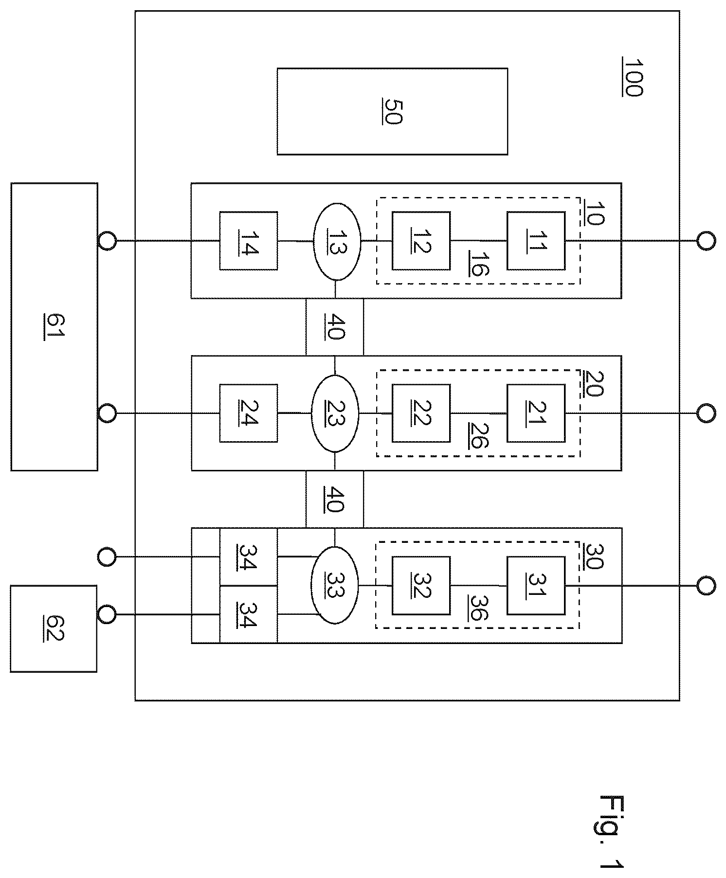 Patent US12592561 Figure 1 – Multichannel test system with galvanic coupling of intermediate circuits, and method for galvanically coupling intermediate circuits