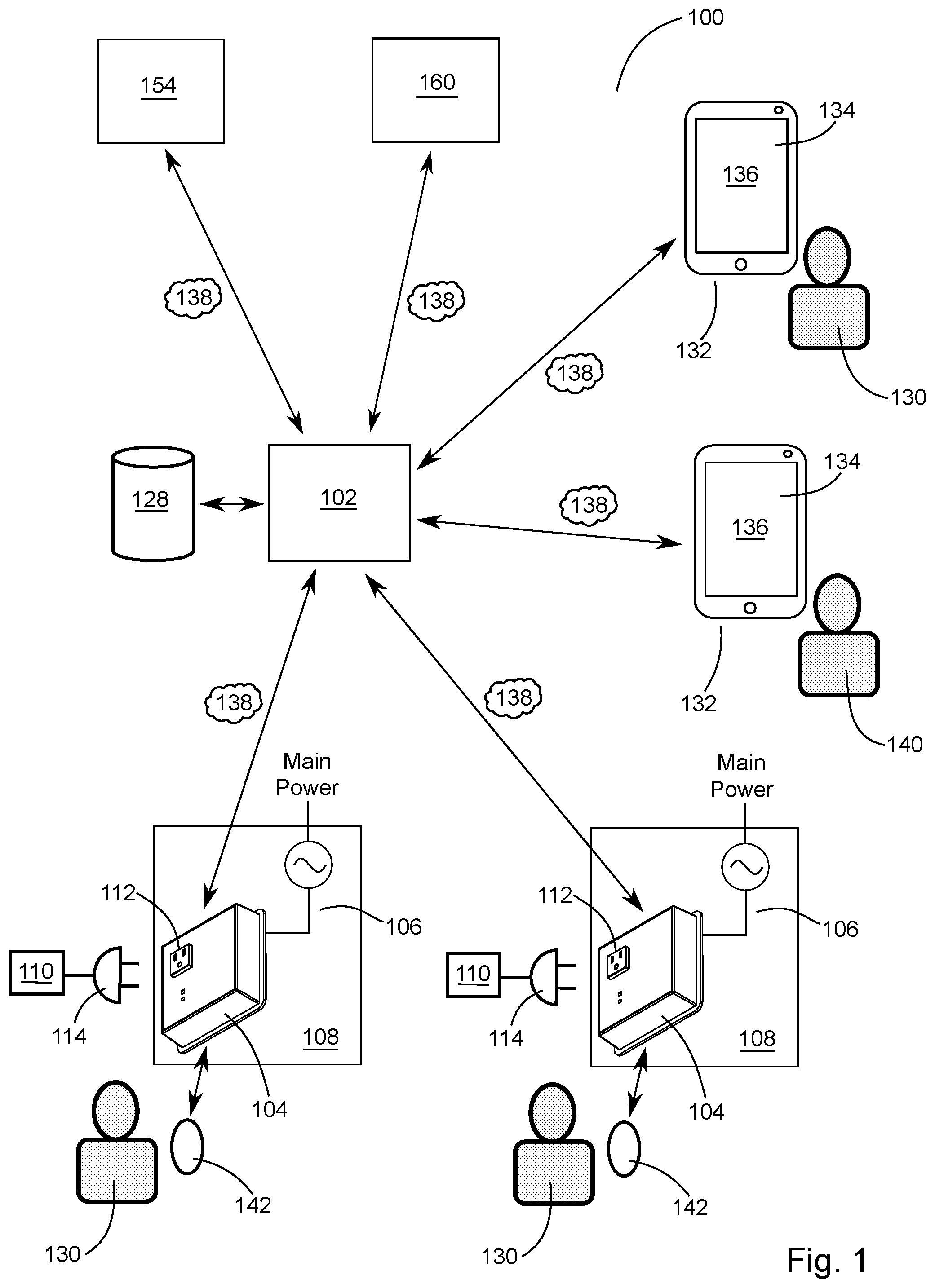 Patent US12592575 Figure 1 – Smart electrical outlet for monitoring and tracking electricity usage