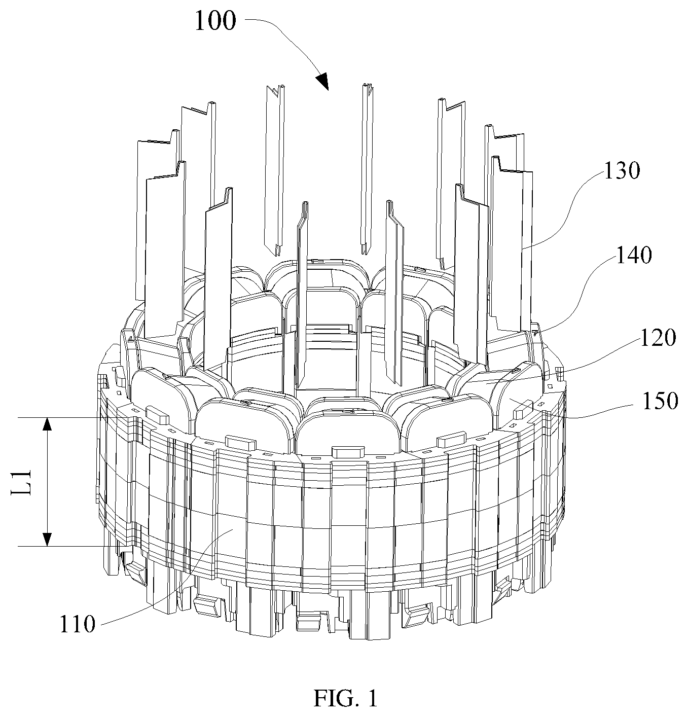 Patent US12592599 Figure 1 – Stator, electric motor, compressor and vehicle