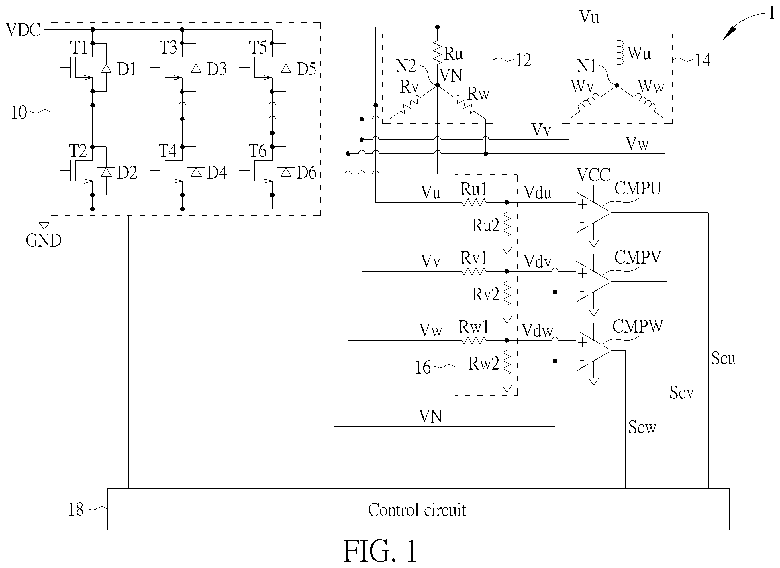 Patent US12592656 Figure 1 – Sensorless motor circuit providing accurate back electromotive force zero-crossing point detection and operation method thereof