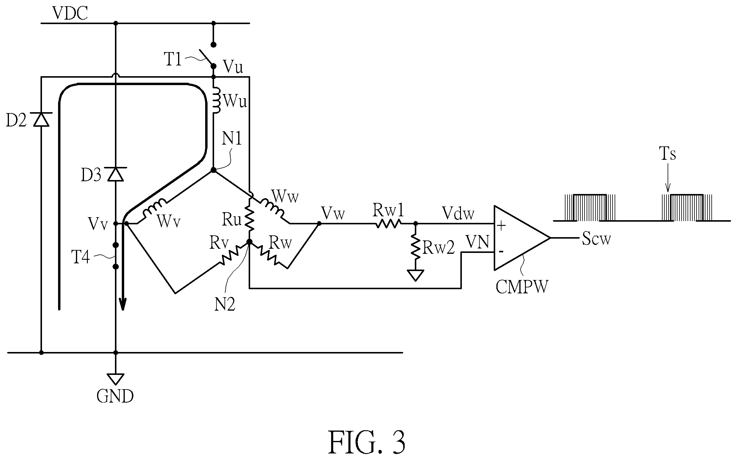 Patent US12592656 Figure 3 – Sensorless motor circuit providing accurate back electromotive force zero-crossing point detection and operation method thereof