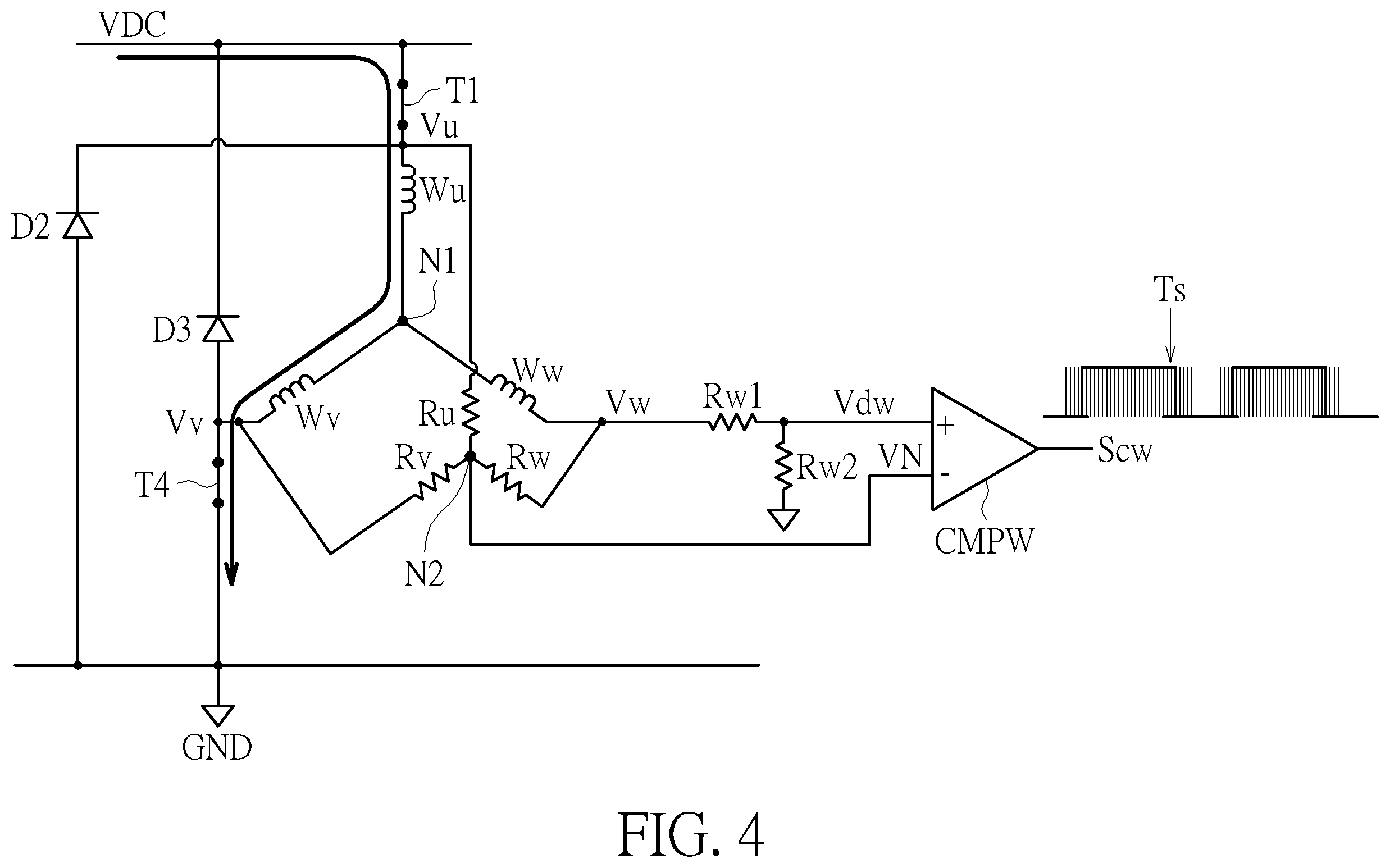 Patent US12592656 Figure 4 – Sensorless motor circuit providing accurate back electromotive force zero-crossing point detection and operation method thereof