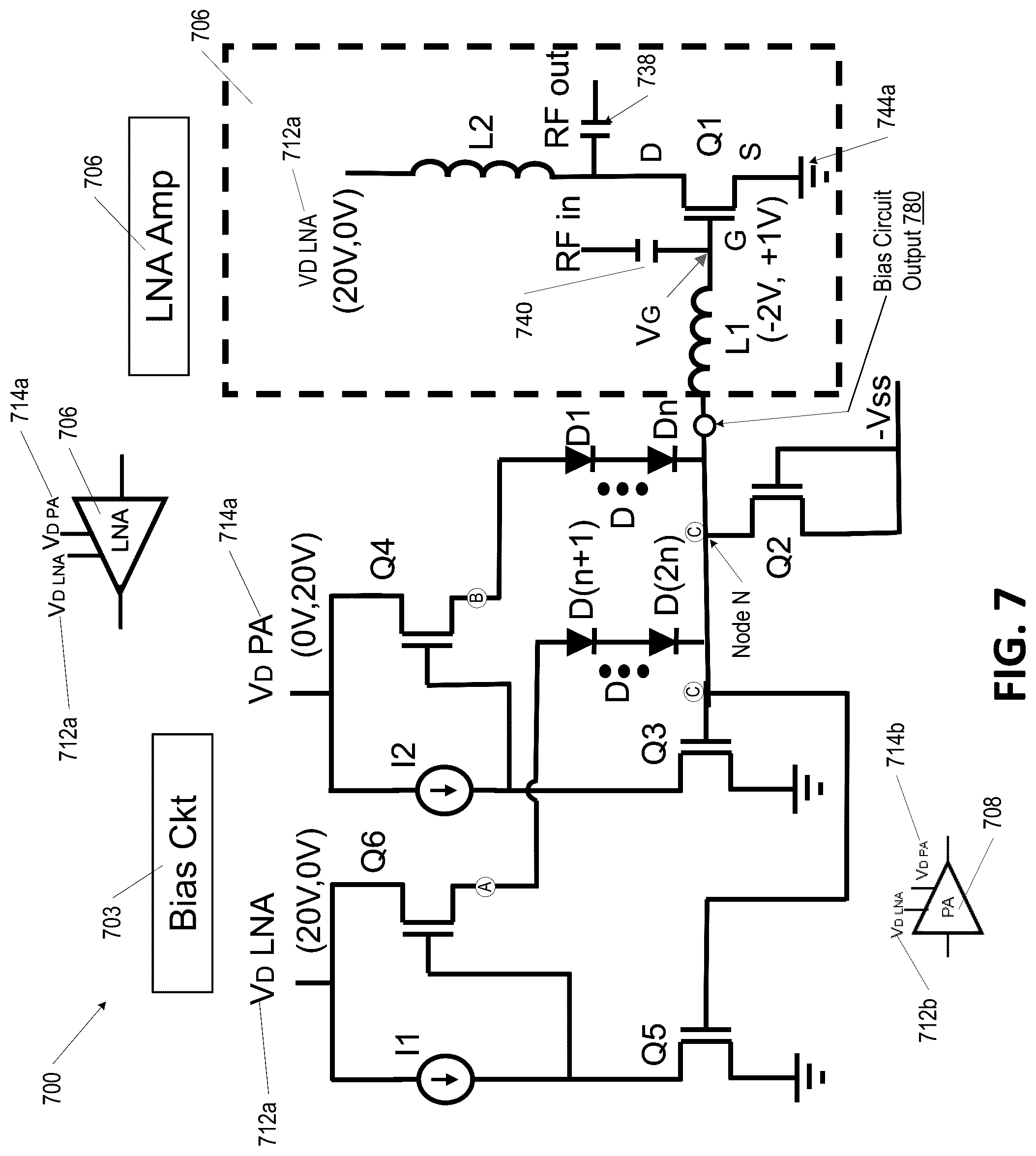 Patent US12592673 Figure 6 – Off-state isolation bias circuit for D-mode amplifiers