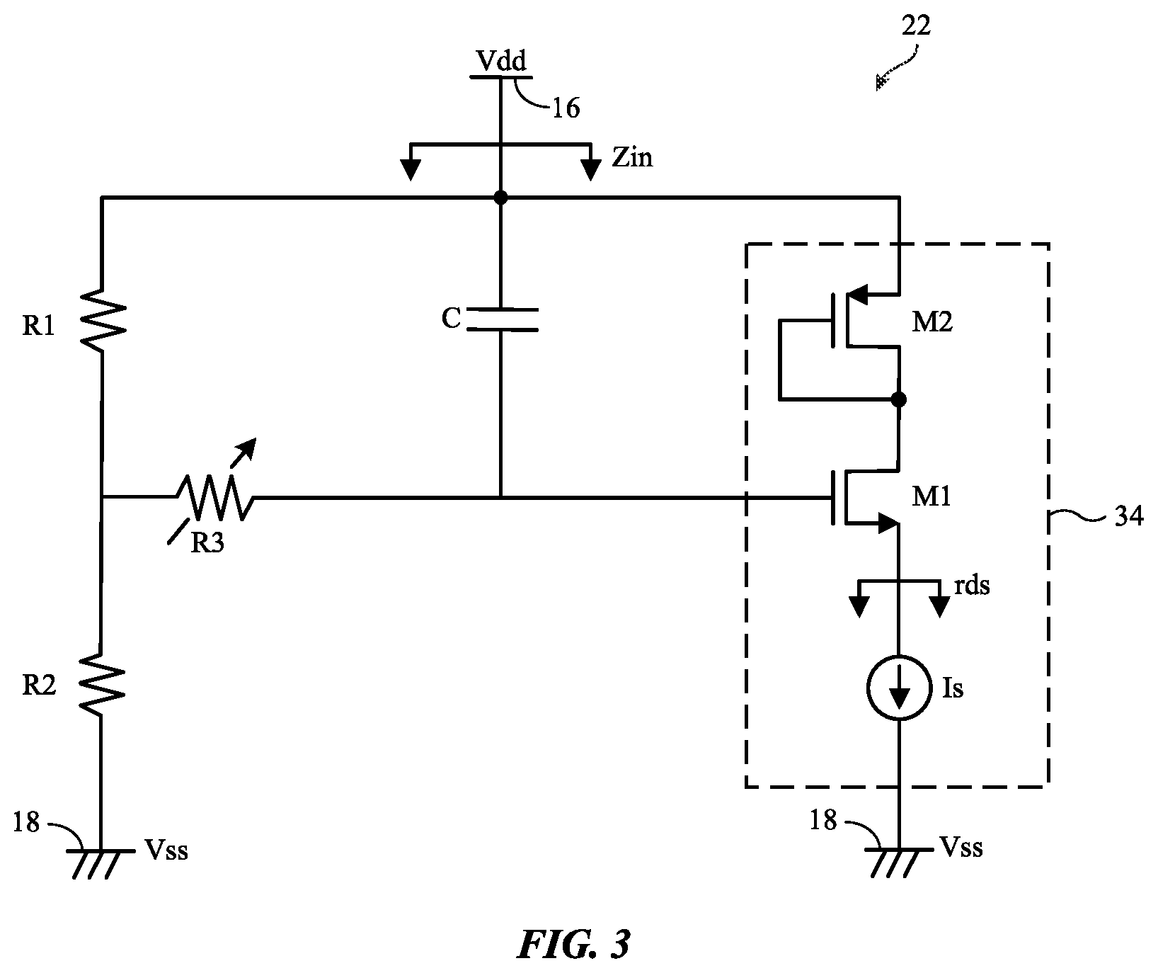 Patent US12592681 Figure 3 – Capacitance multiplier for decoupling capacitor