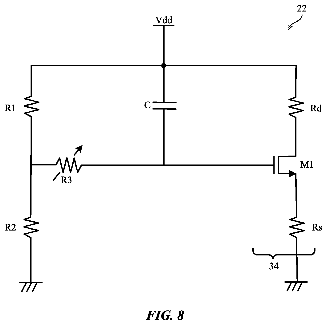 Patent US12592681 Figure 8 – Capacitance multiplier for decoupling capacitor
