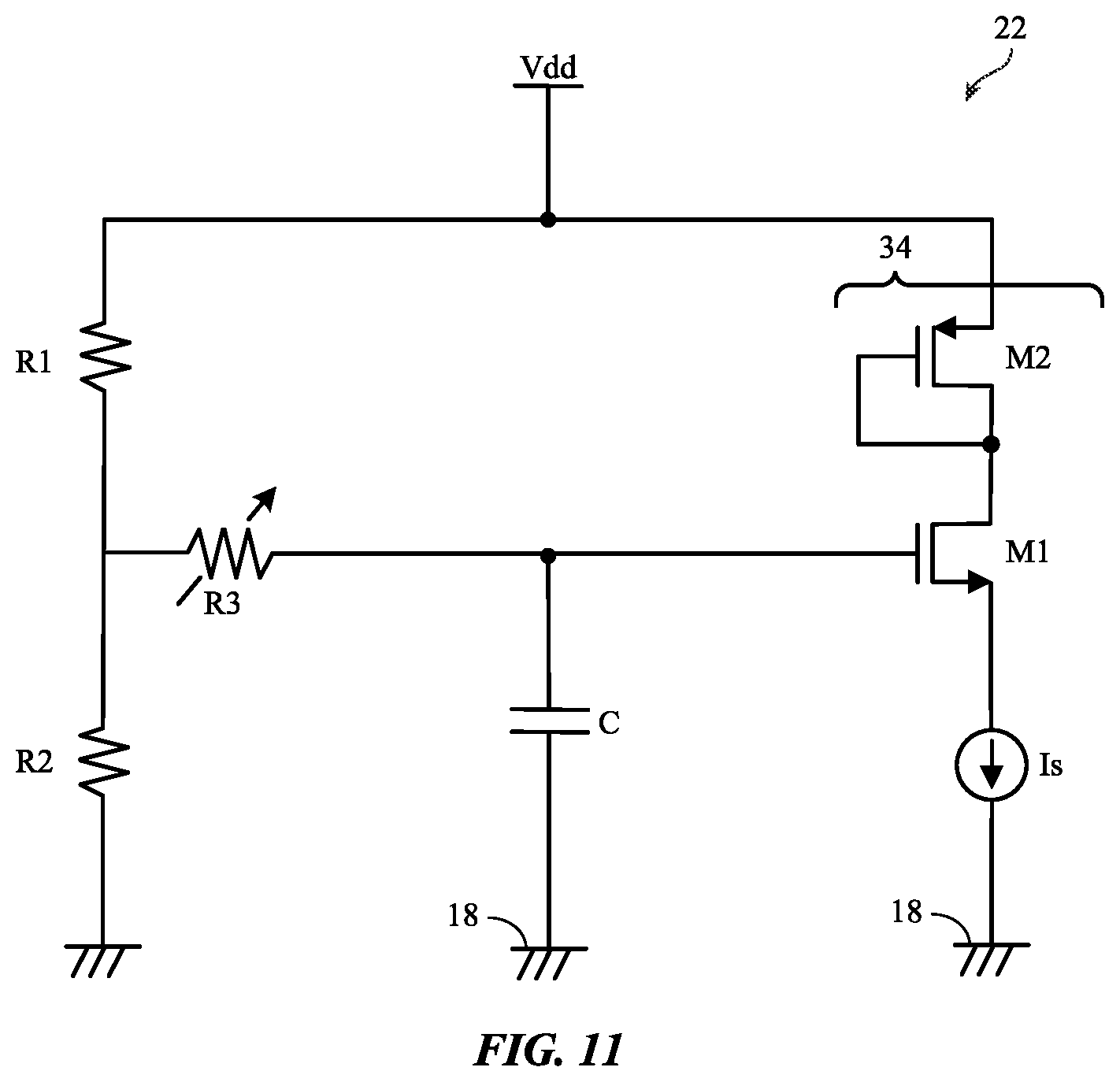 Patent US12592681 Figure 11 – Capacitance multiplier for decoupling capacitor