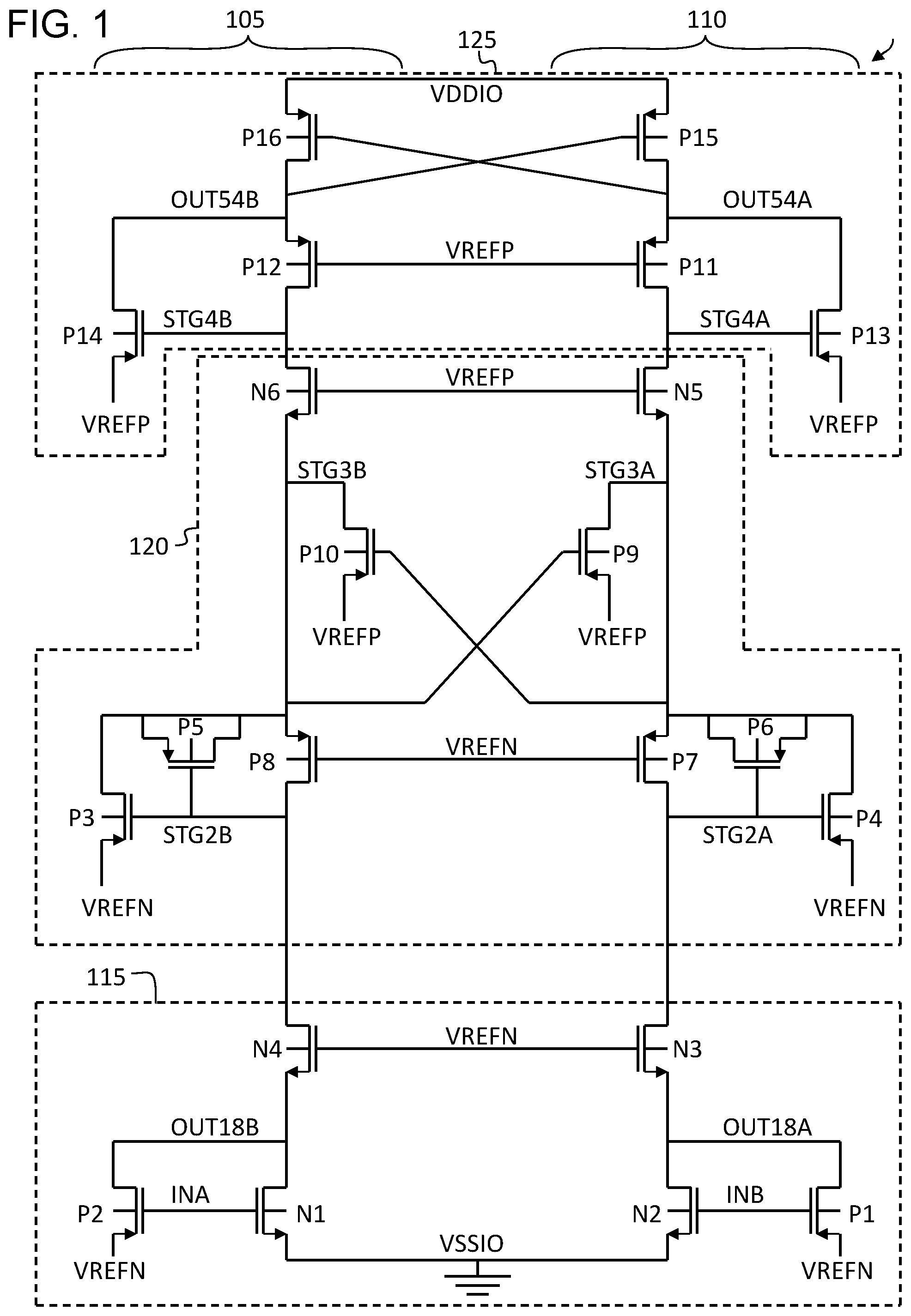 Patent US12592682 Figure 1 – Voltage scalable level shifter