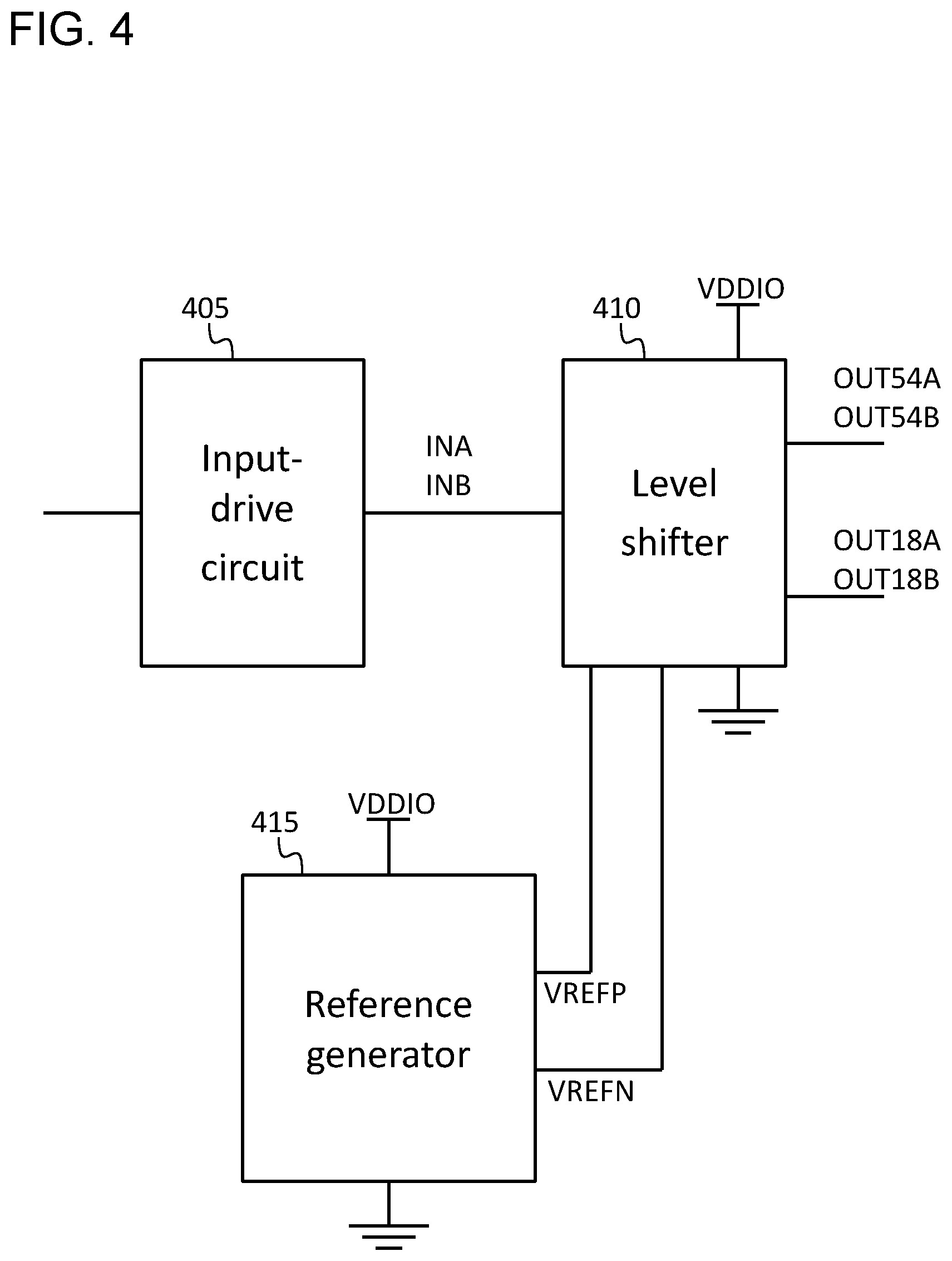 Patent US12592682 Figure 4 – Voltage scalable level shifter
