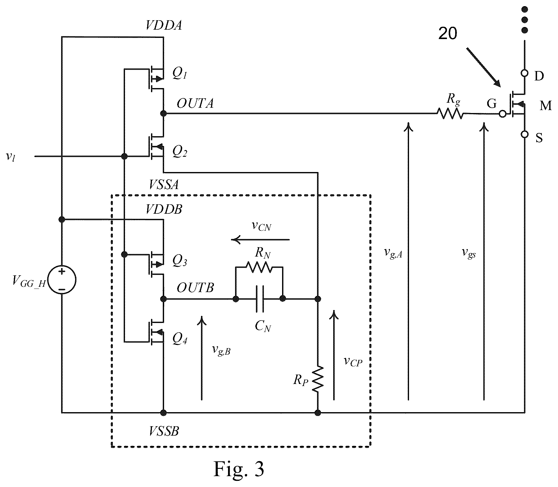 Patent US12592693 Figure 2 – Gate driving circuit with switched-capacitor circuit to generate negative gate-source voltage pulses