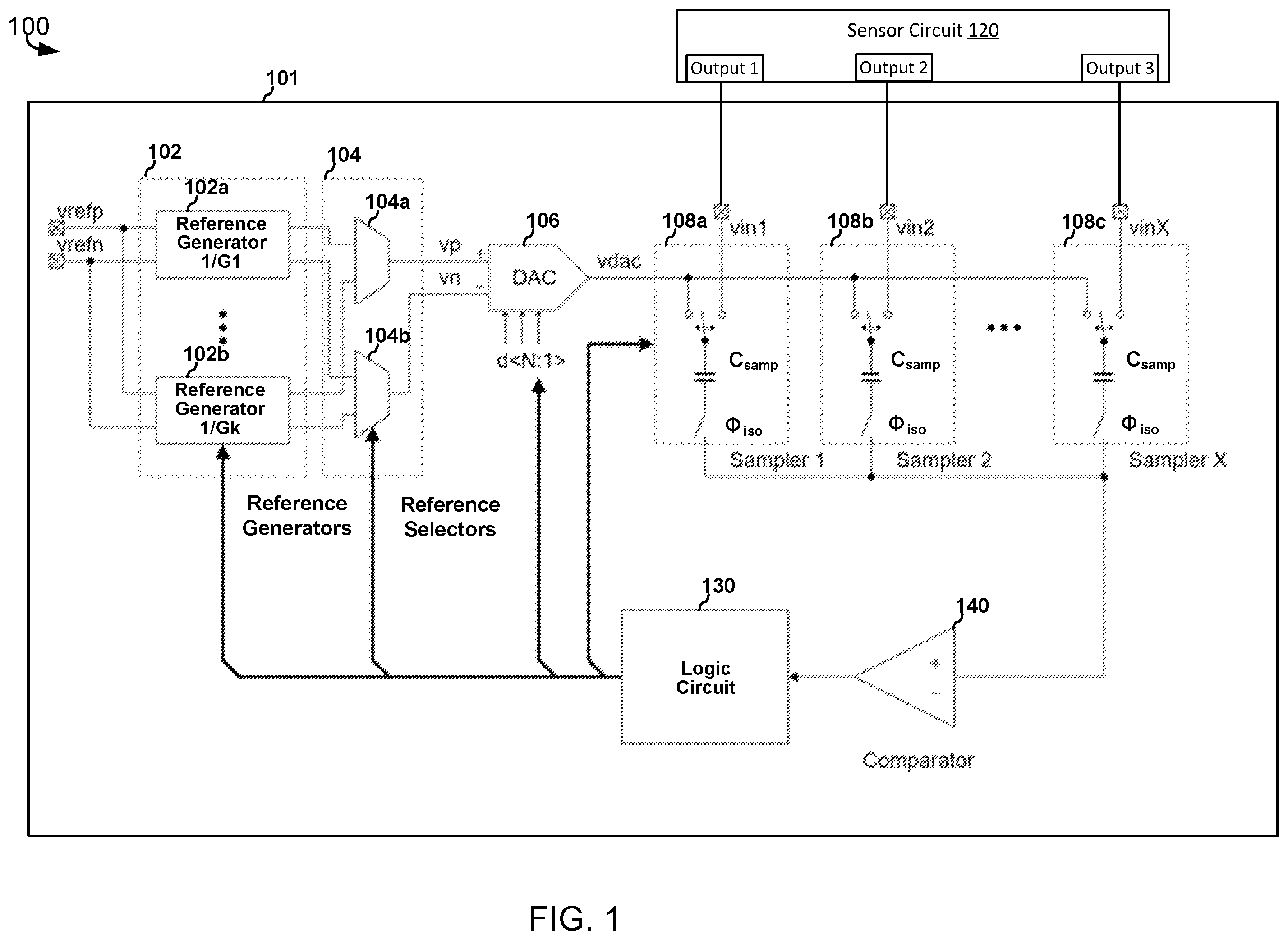 Patent US12592715 — Post-sampling selectable gain in sample and hold analog-to-digital converters — Figure 1
