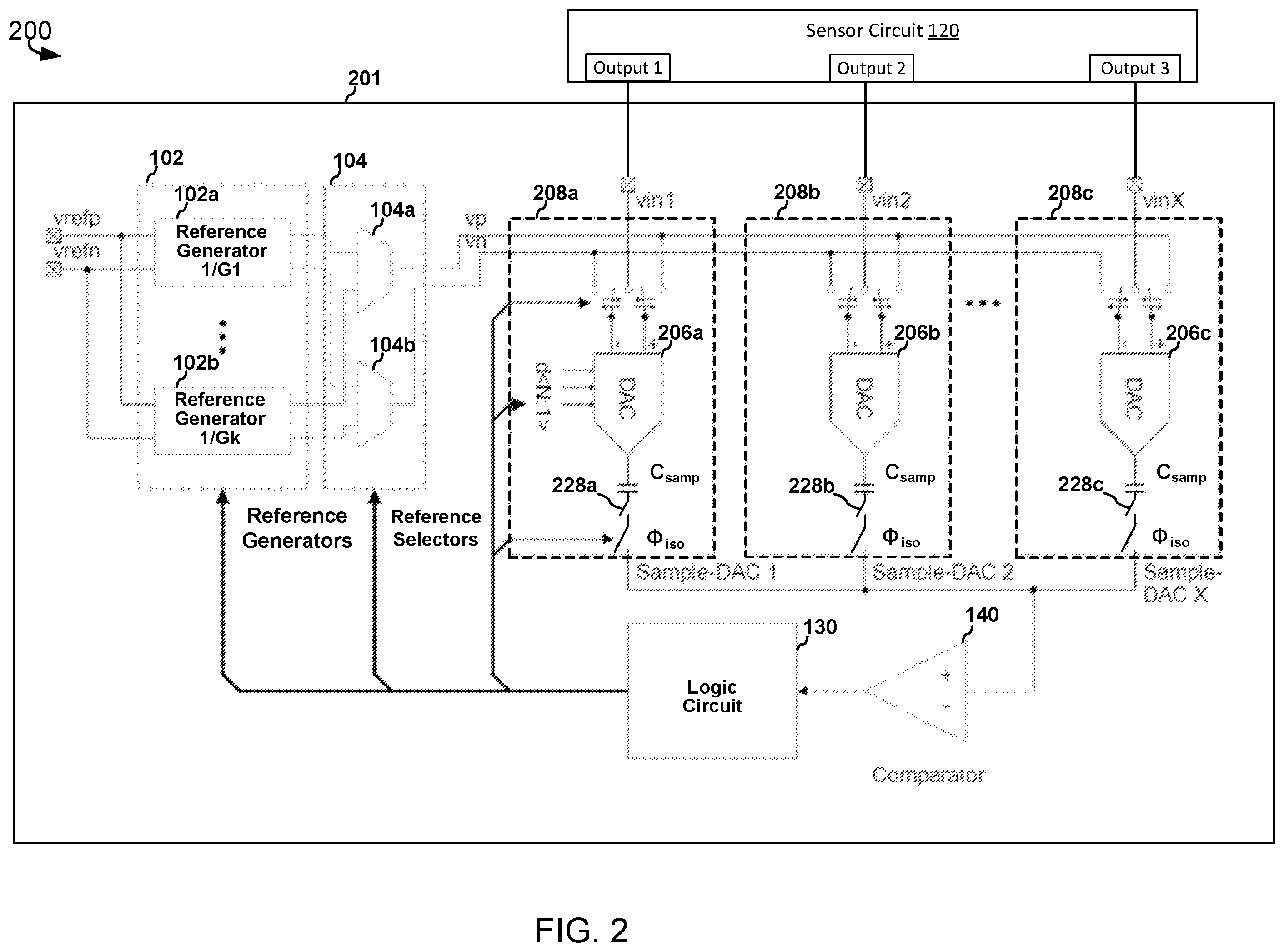 Patent US12592715 Figure 2 – Post-sampling selectable gain in sample and hold analog-to-digital converters