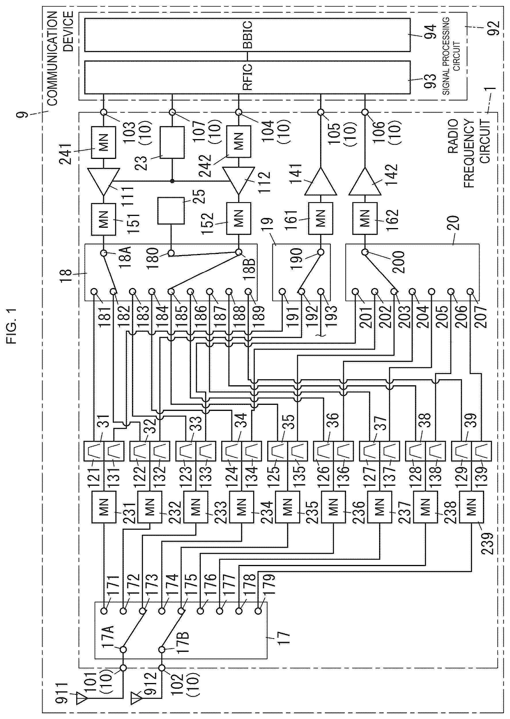Patent US12592724 Figure 1 – Radio frequency circuit and communication device