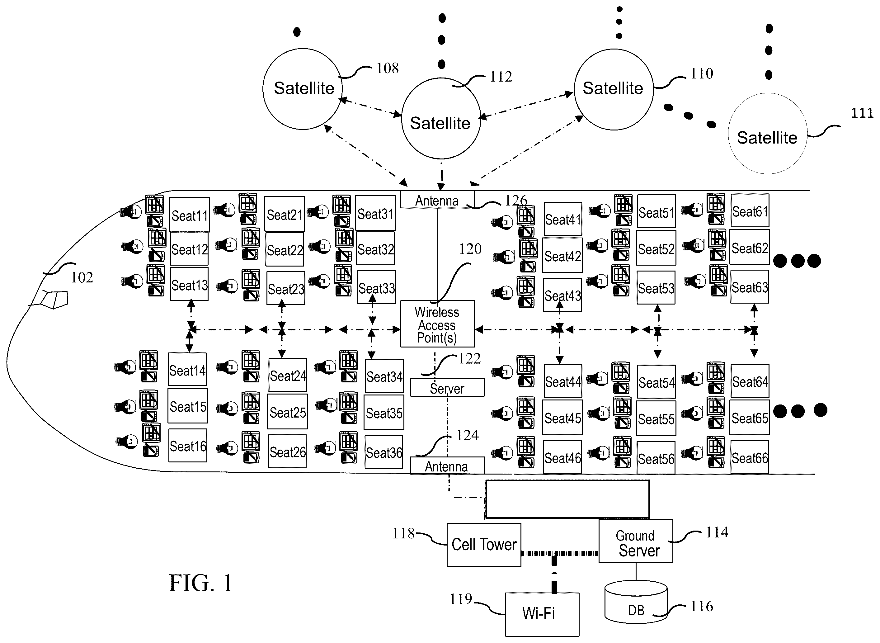 Patent US12592766 Figure 1 – Geographically-distributed electronically-steered array antenna system for ground-based uplink communications