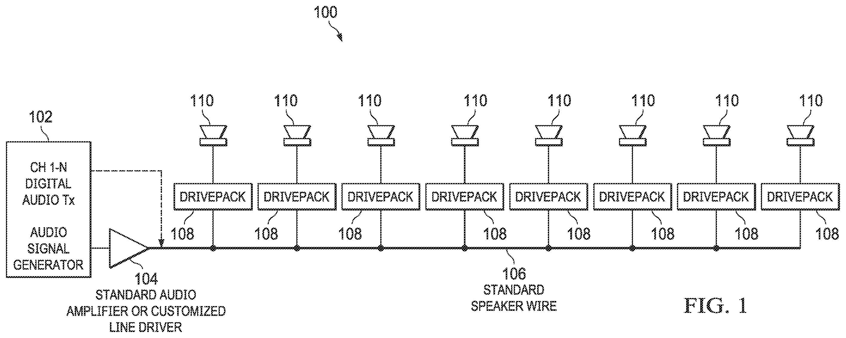 Patent US12592789 Figure 1 – Hybrid clocking scheme for transmitting packetized audio and power over a common conductor