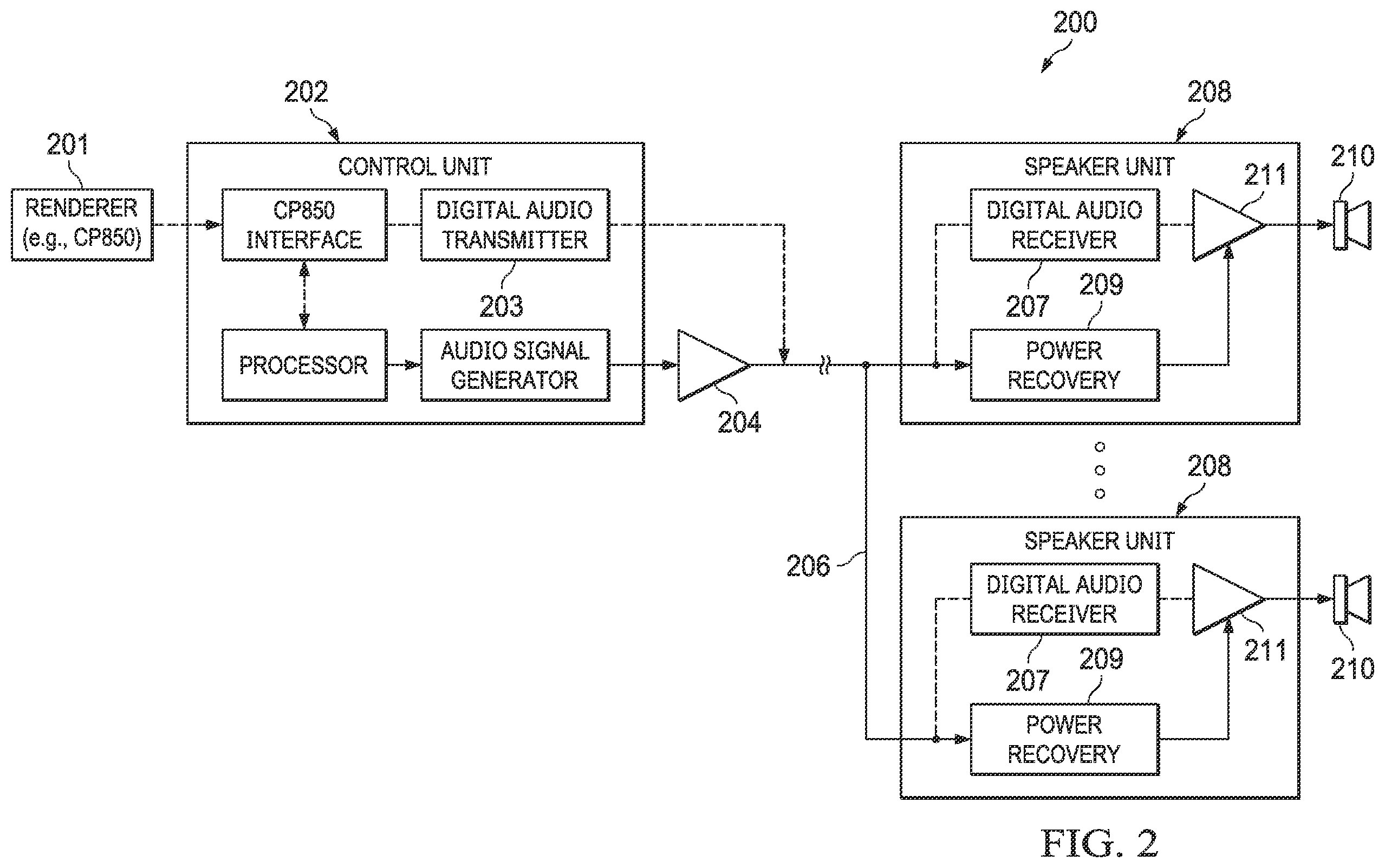 Patent US12592789 Figure 2 – Hybrid clocking scheme for transmitting packetized audio and power over a common conductor