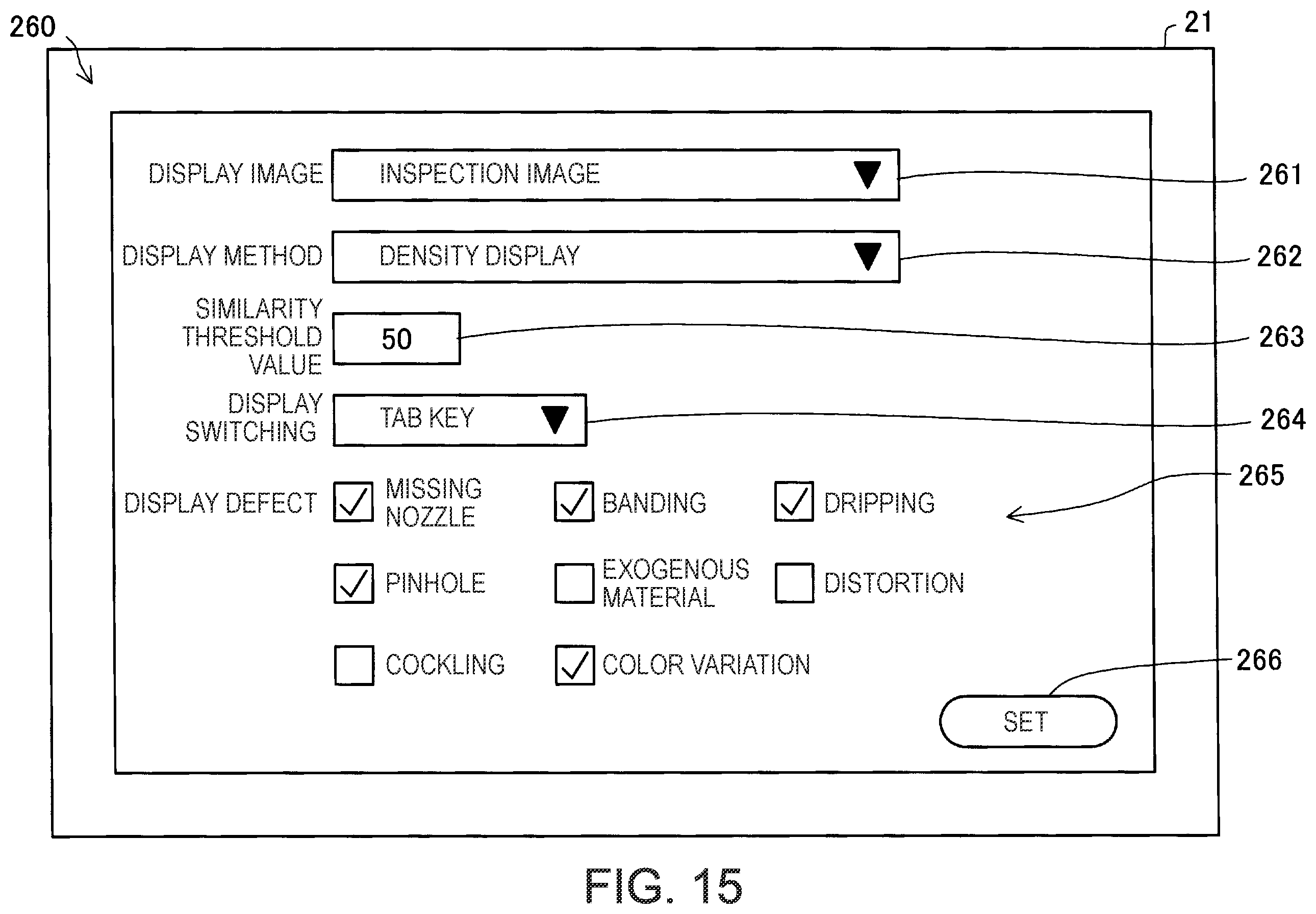 Patent US12597120 Figure 15 – Printed image defect discrimination device and method displaying detected defects in list by type in display mode according to state of defect