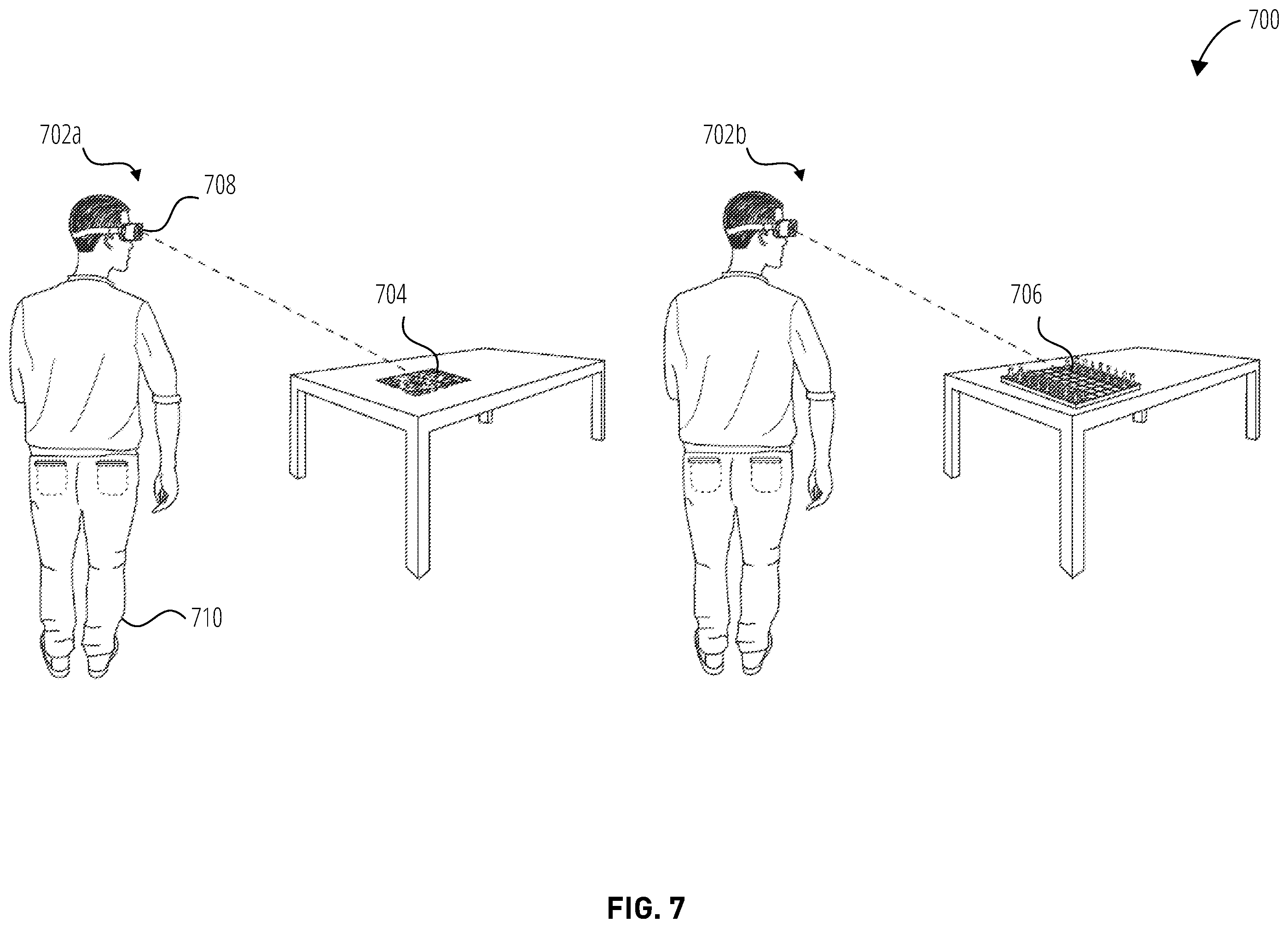 Patent US12597214 Figure 7 – Scannable codes as landmarks for augmented-reality content