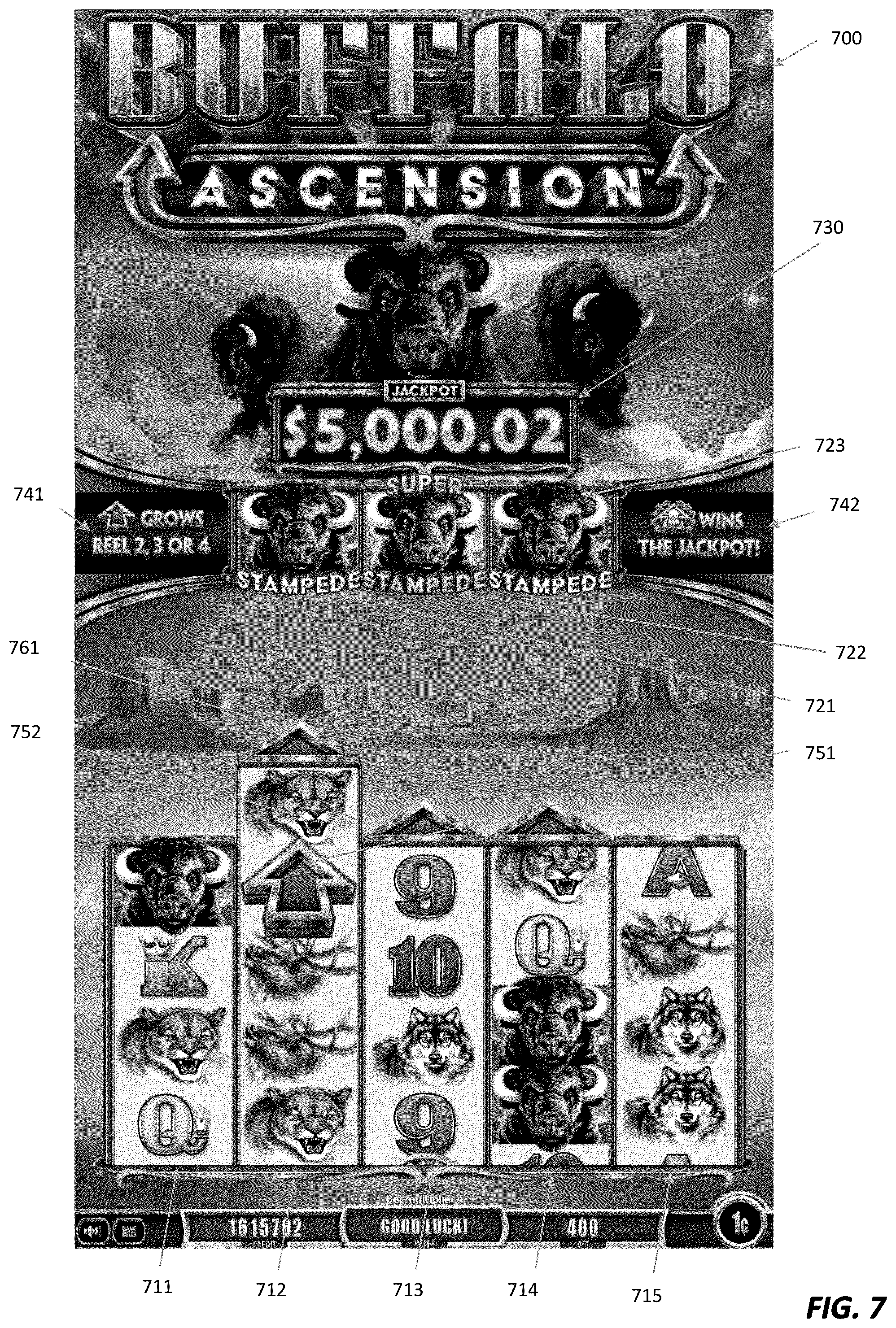 Patent US12597318 Figure 7 – Systems and methods for electronic gaming with changing display states