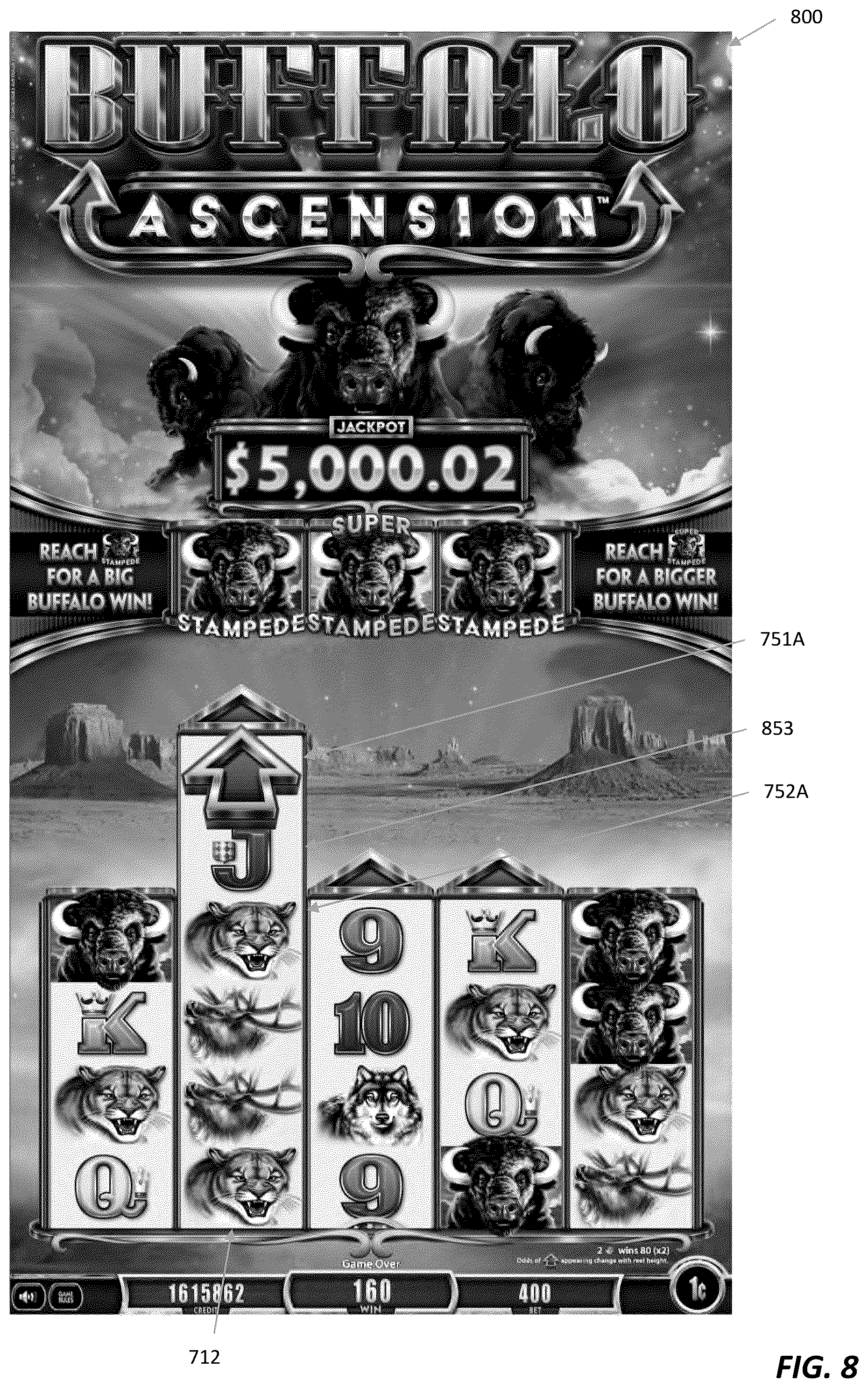 Patent US12597318 Figure 8 – Systems and methods for electronic gaming with changing display states