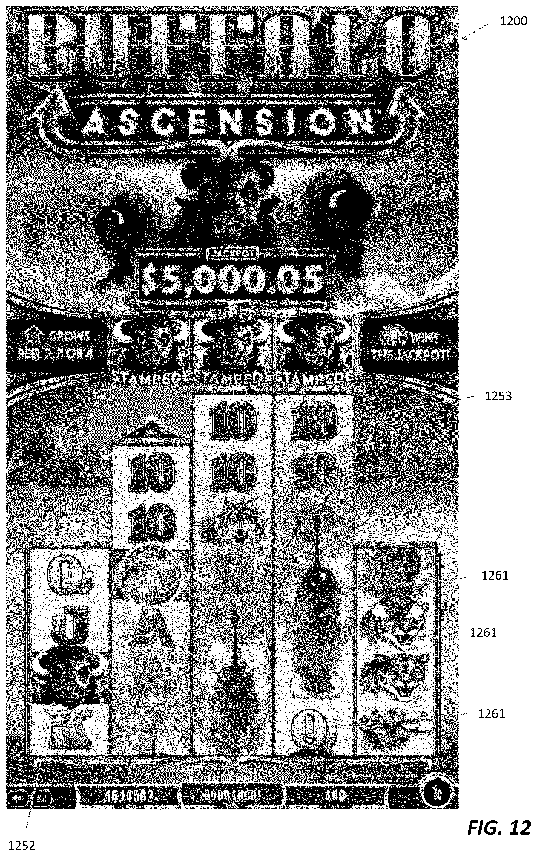Patent US12597318 Figure 12 – Systems and methods for electronic gaming with changing display states