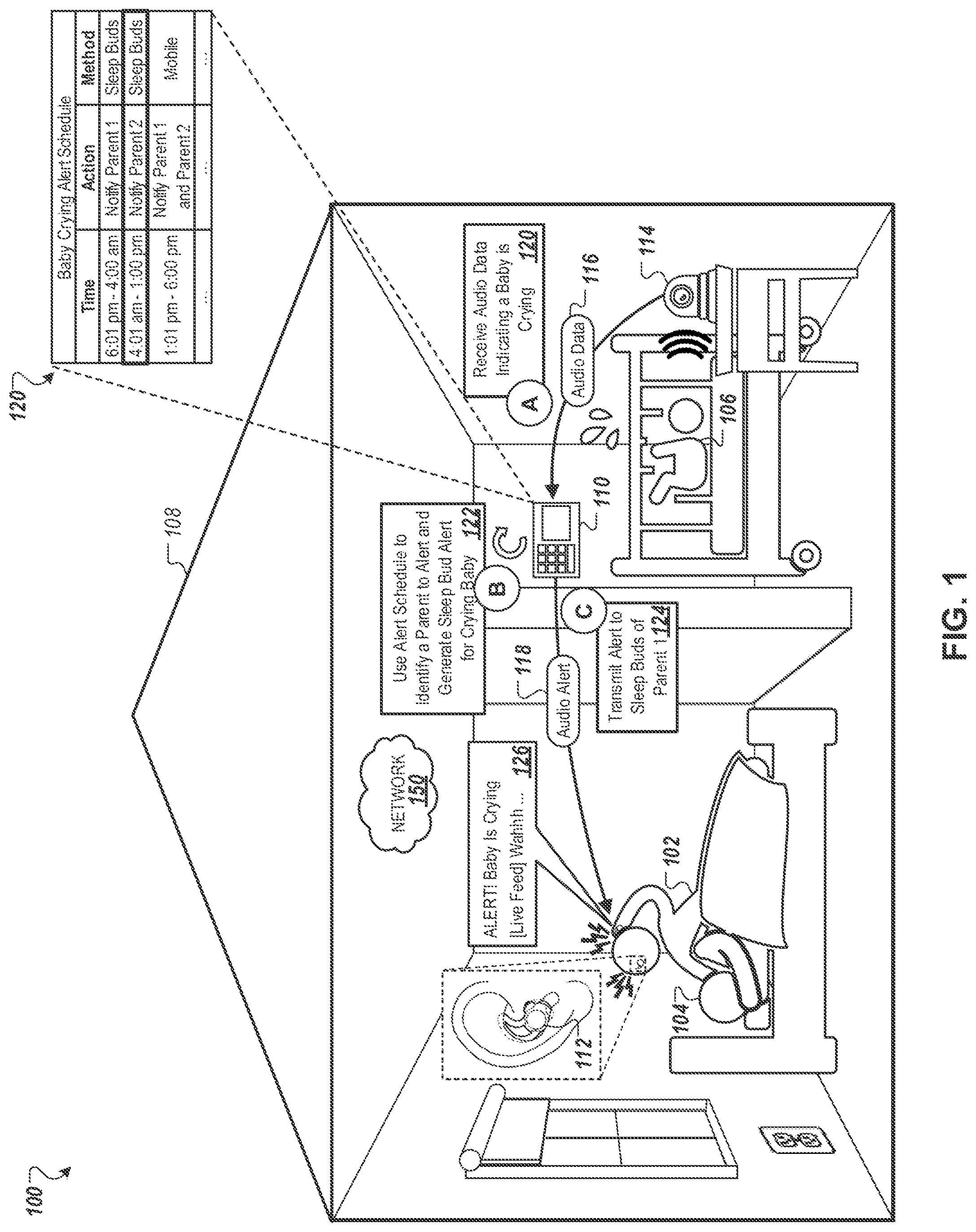 Patent US12597330 Figure 1 – Ear bud integration with property monitoring