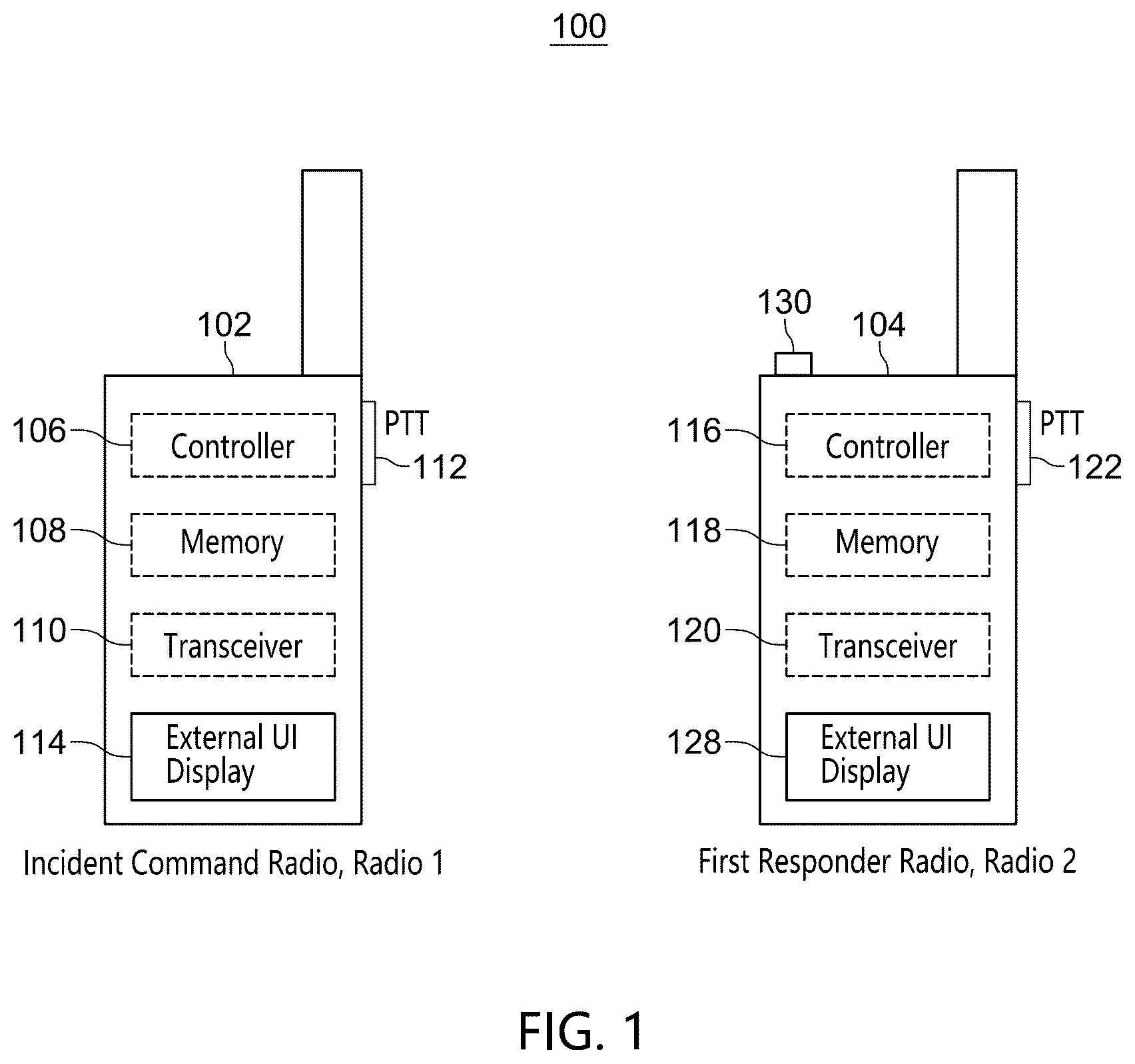Patent US12597336 Figure 1 – Device and method for remote activation of an emergency alarm in a public safety radio
