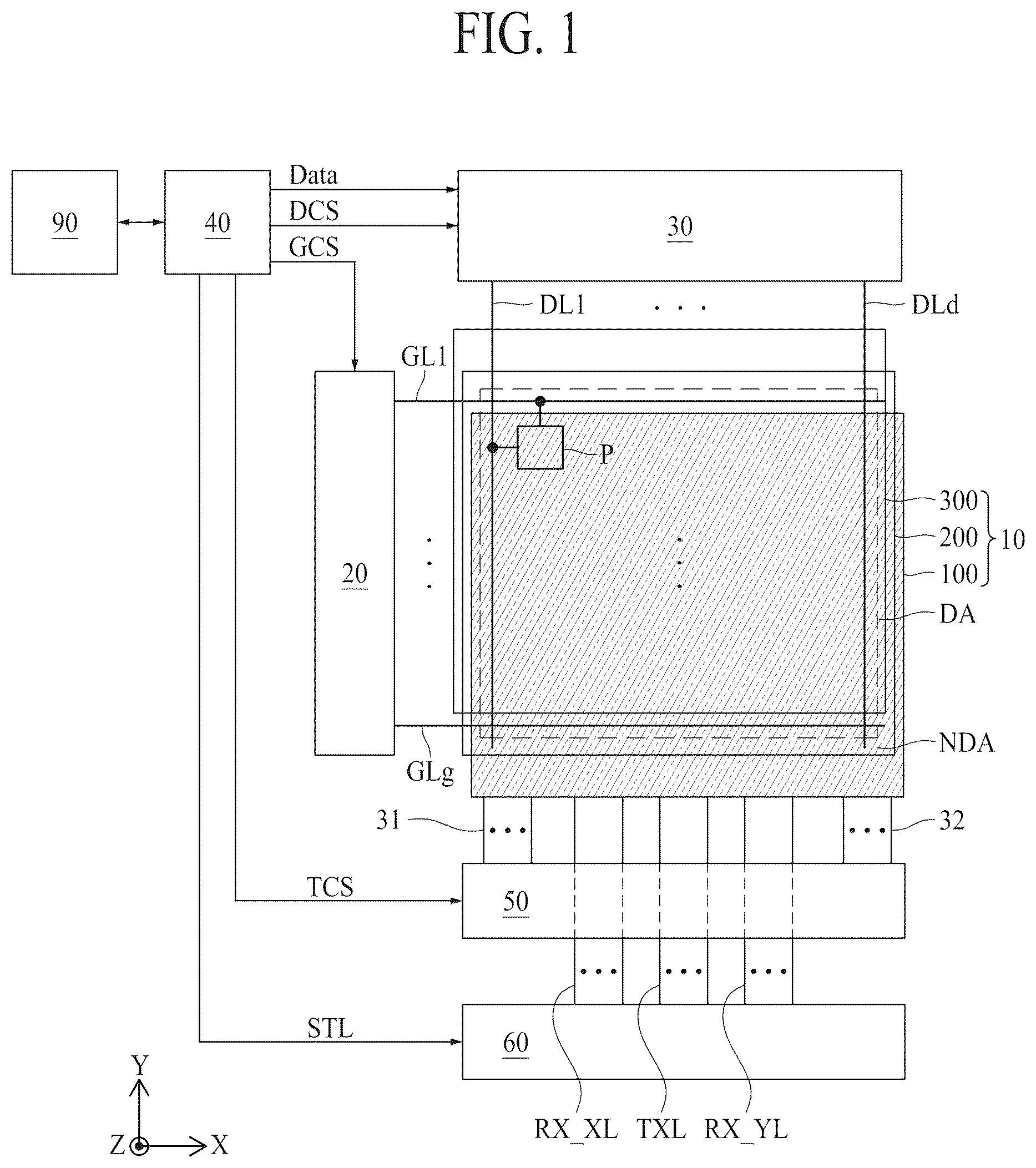 Patent US12597375 Figure 1 – Apparatus for sensing stretch having driving and receiving electrodes extending in two directions