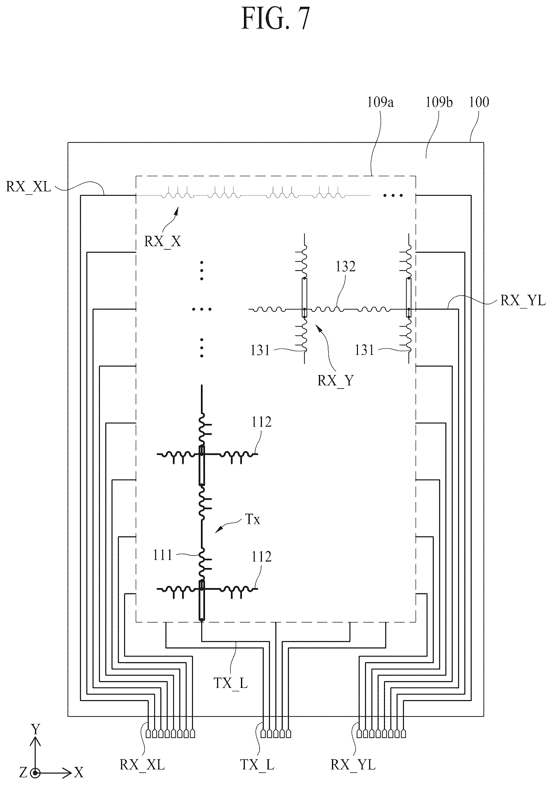 Patent US12597375 Figure 6 – Apparatus for sensing stretch having driving and receiving electrodes extending in two directions