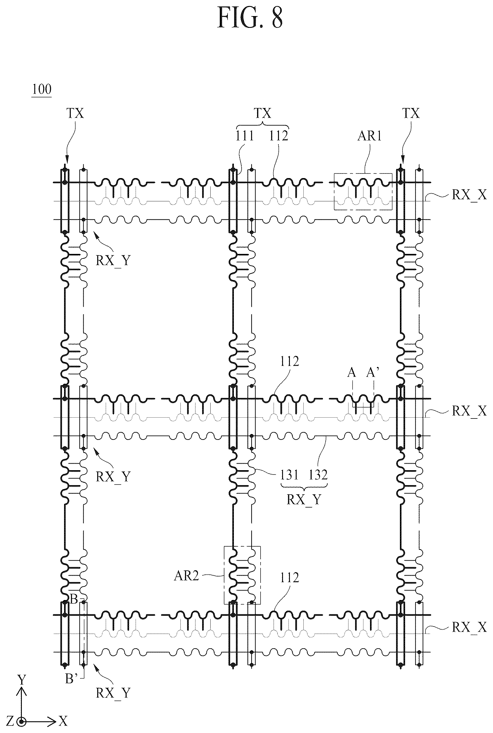 Patent US12597375 Figure 7 – Apparatus for sensing stretch having driving and receiving electrodes extending in two directions