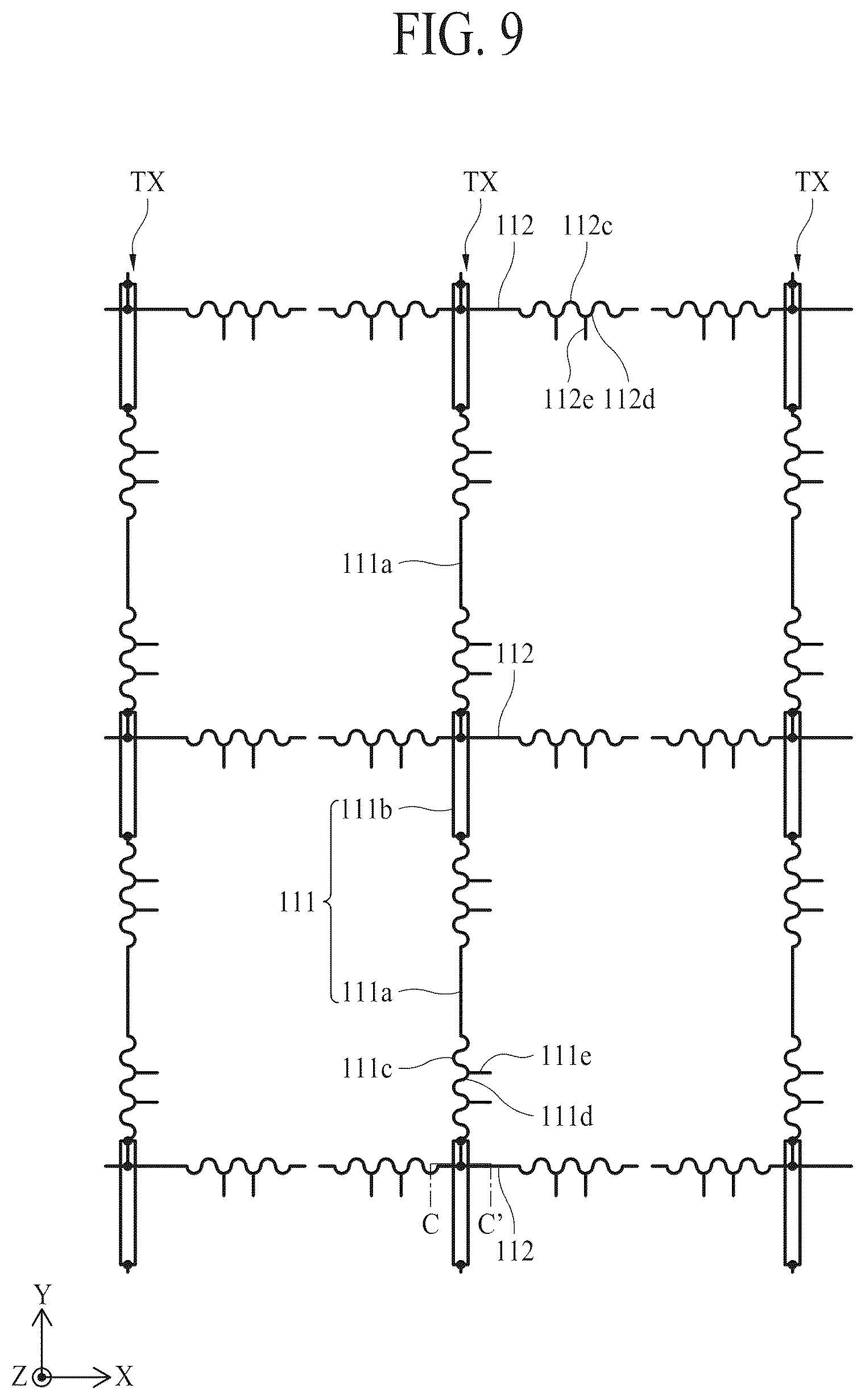Patent US12597375 Figure 8 – Apparatus for sensing stretch having driving and receiving electrodes extending in two directions